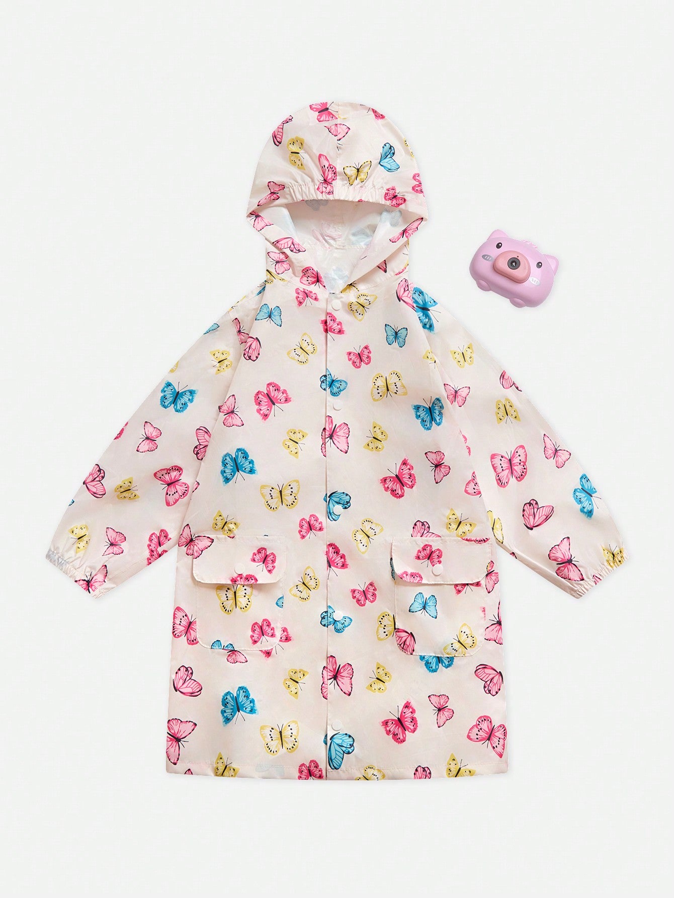 Girls' Minimalist Colorful Butterfly Allover Print Hooded Waterproof Raincoat