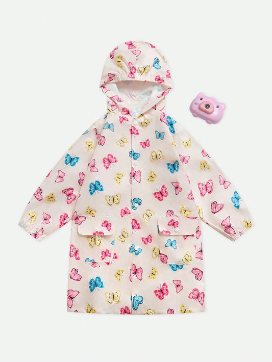 Girls' Minimalist Colorful Butterfly Allover Print Hooded Waterproof Raincoat