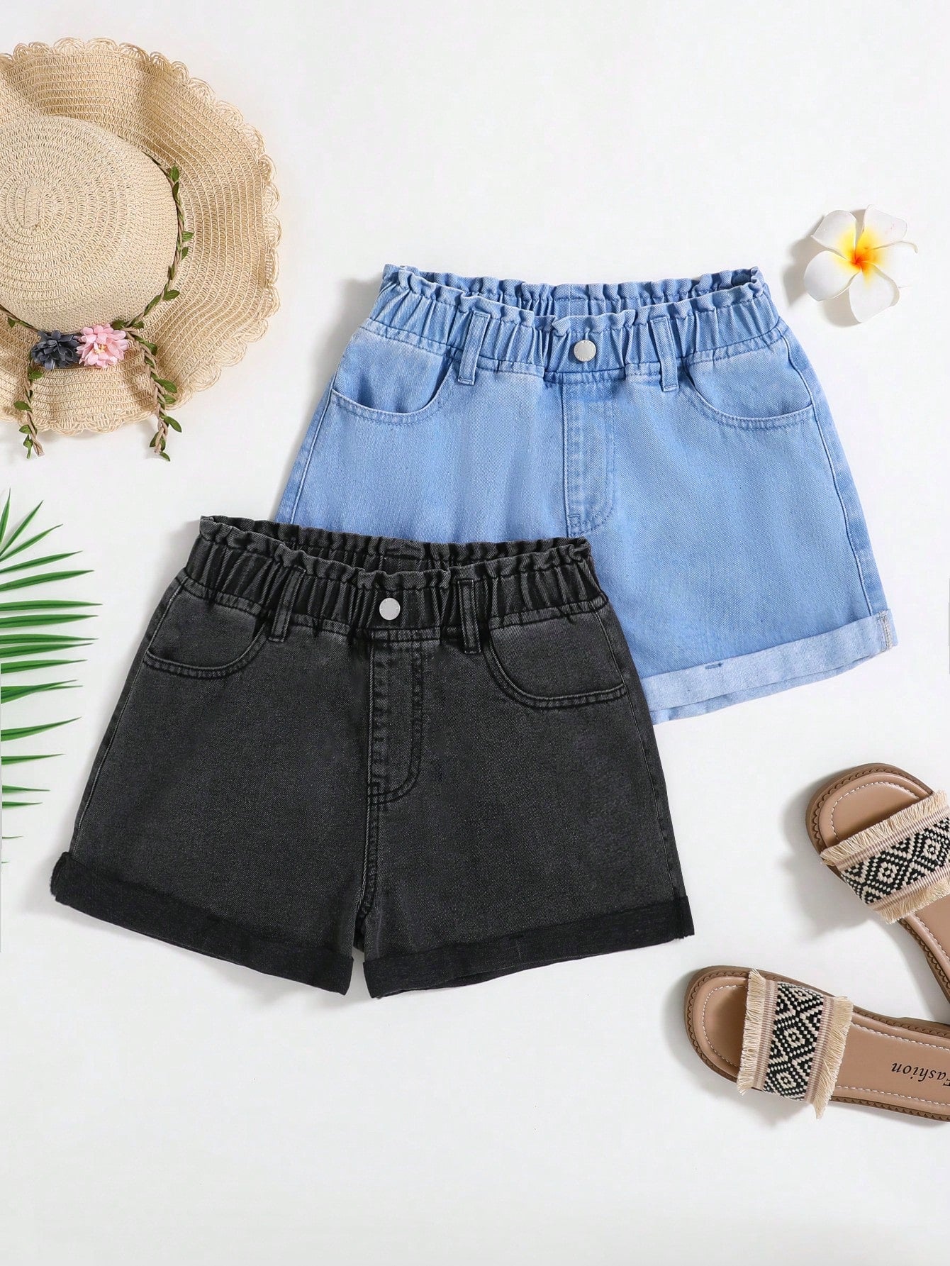 Teen Girl 2pcs/Set Casual Slant Pocket Ruffled Elastic Waist Soft Denim Jeans Shorts In Multiple Colors,Teen Girl Back To Clothes Outfits