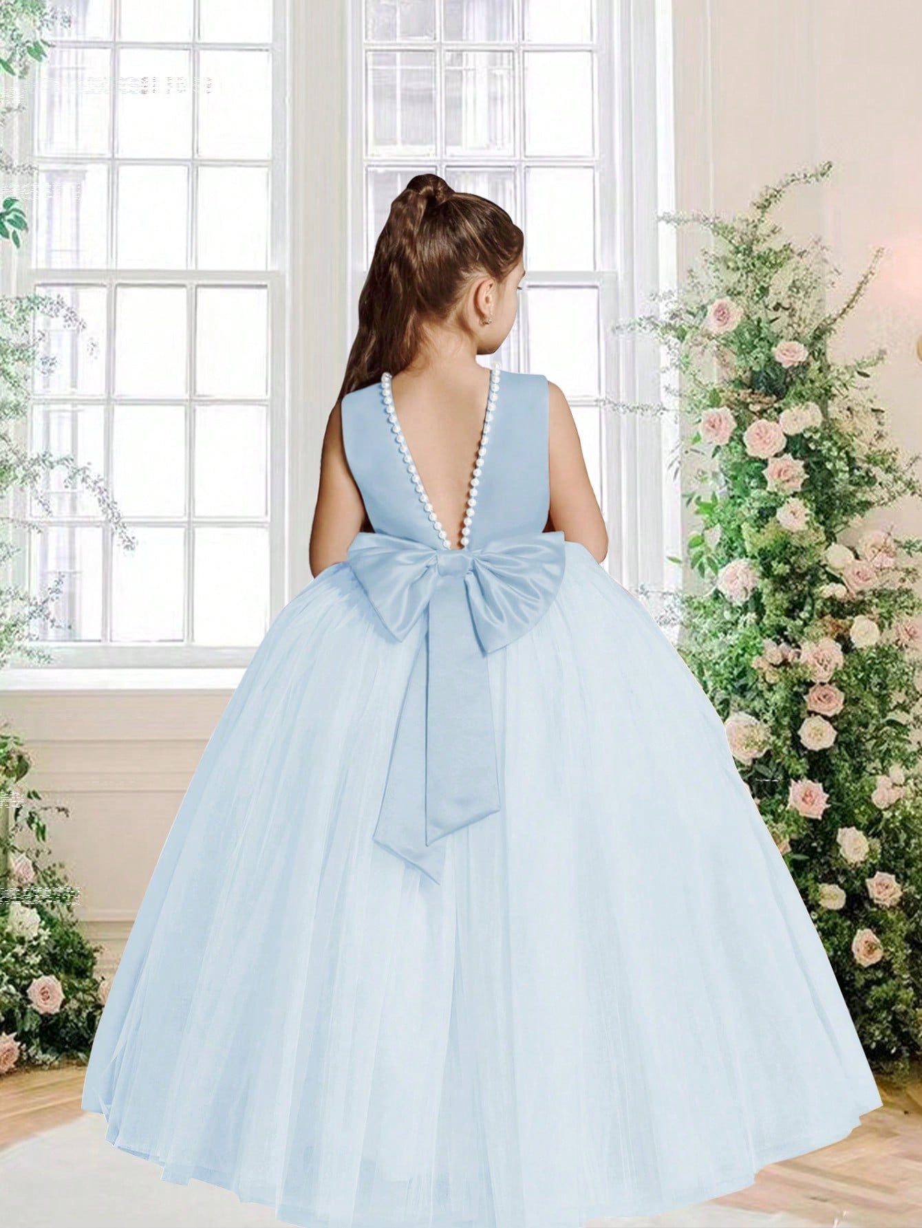 Tween Girl Elegant Pearl-Like Net And Bowknot Splicing Backless Princess Dress, Ideal For Parties, Weddings And Birthdays