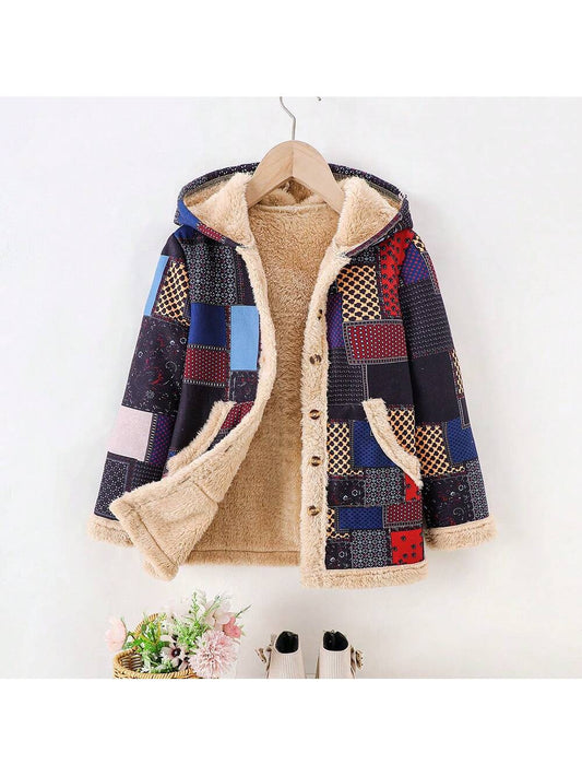 Girls Vintage Style Hooded Faux Fur Thick Long Jacket, Autumn Winter