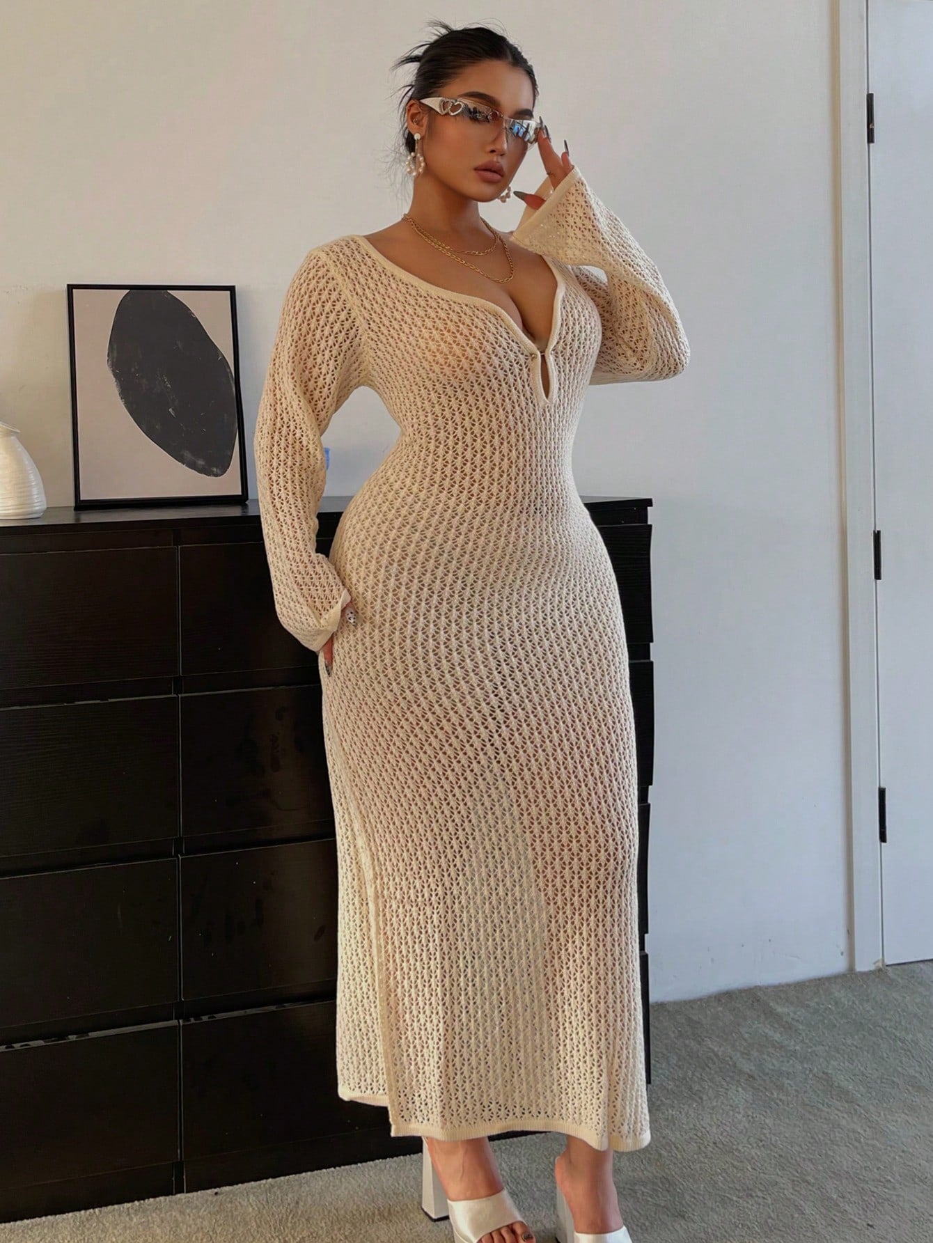 Plus Size Solid Color Hollow-Out Long Knit Backless Dress, Spring & Summer