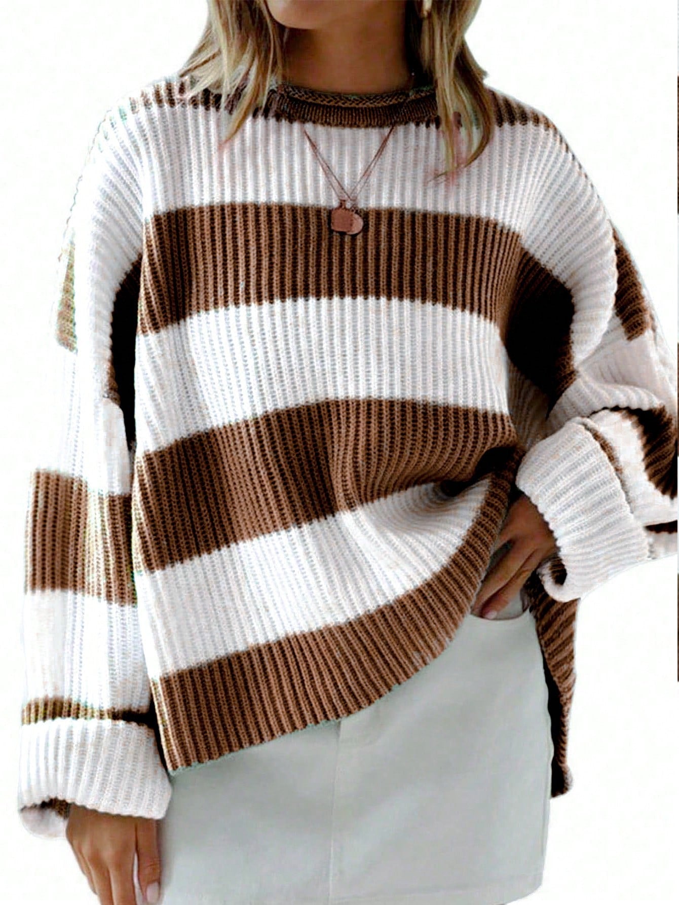 Plus Size Women Spring And Autumn Loose Round Neck Drop-Shoulder Long Sleeve Striped Casual Sweater Pullover