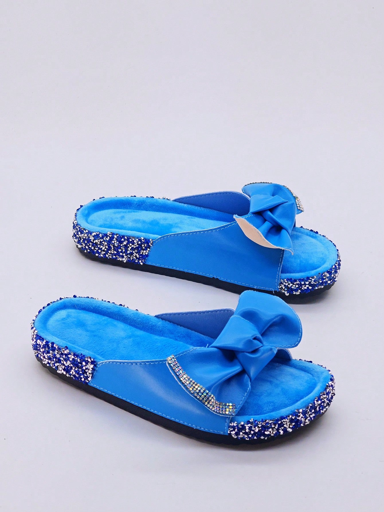 New Arrivals! Fashionable Black Bow Knot Women's Shoes, Casual Indoor/Outdoor Flip Flops For Beach Vacation, Diamond-Studded Slides With Thick Platform Soles, Flat Sandals For Women