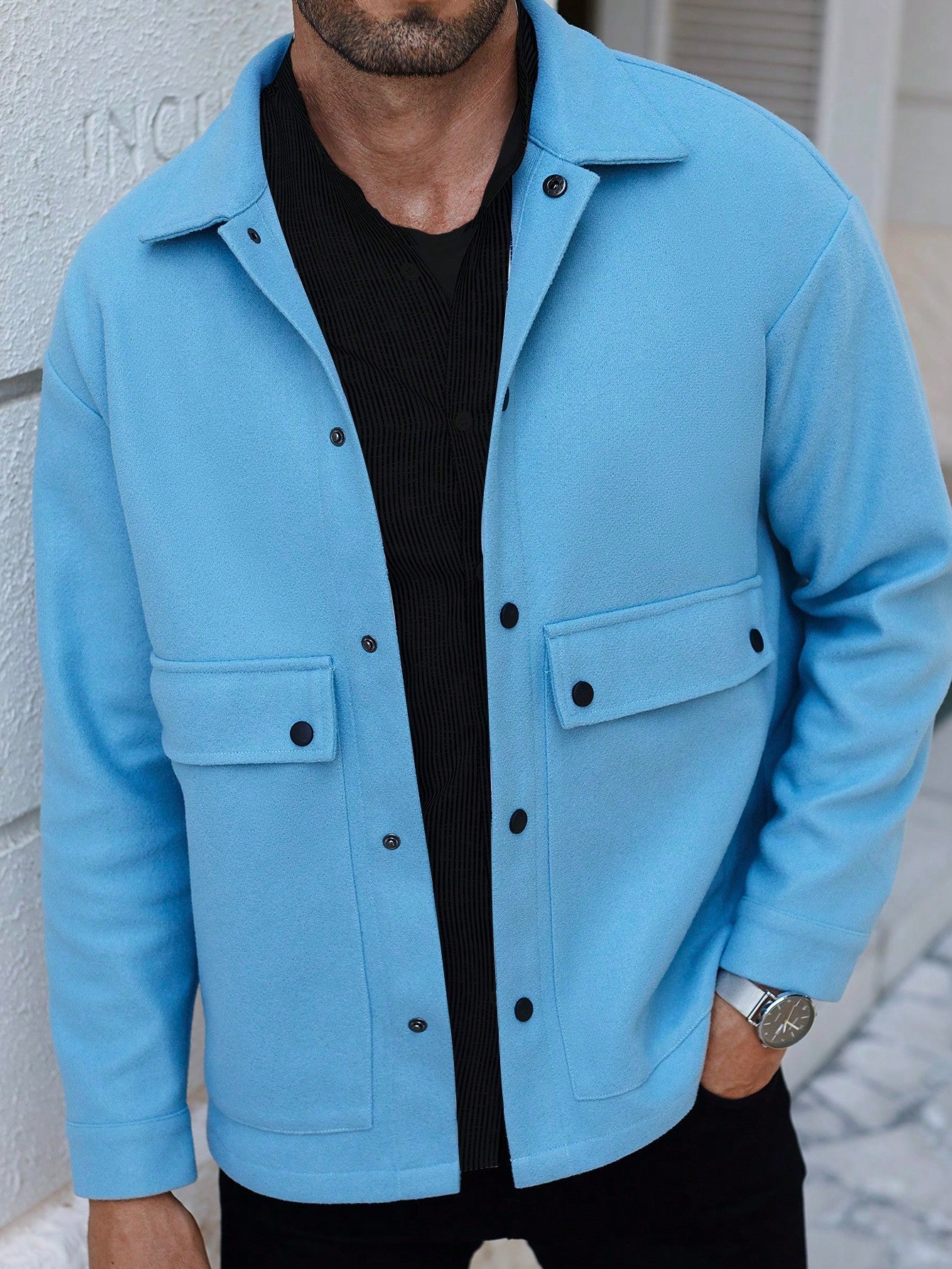 Men's Big Pocket Blue Woolen Jacket