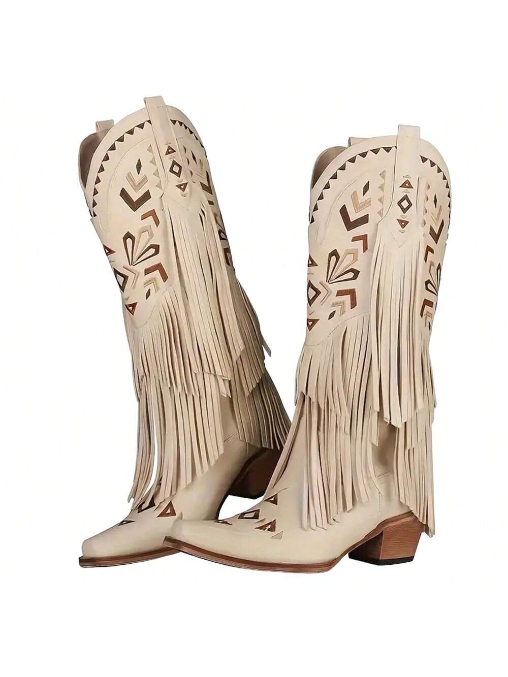 New Cowgirl Mid Calf Boots For Women, Chunky Mid Heels Western Cowboy Pointed Toe Boots Sexy  Shoes