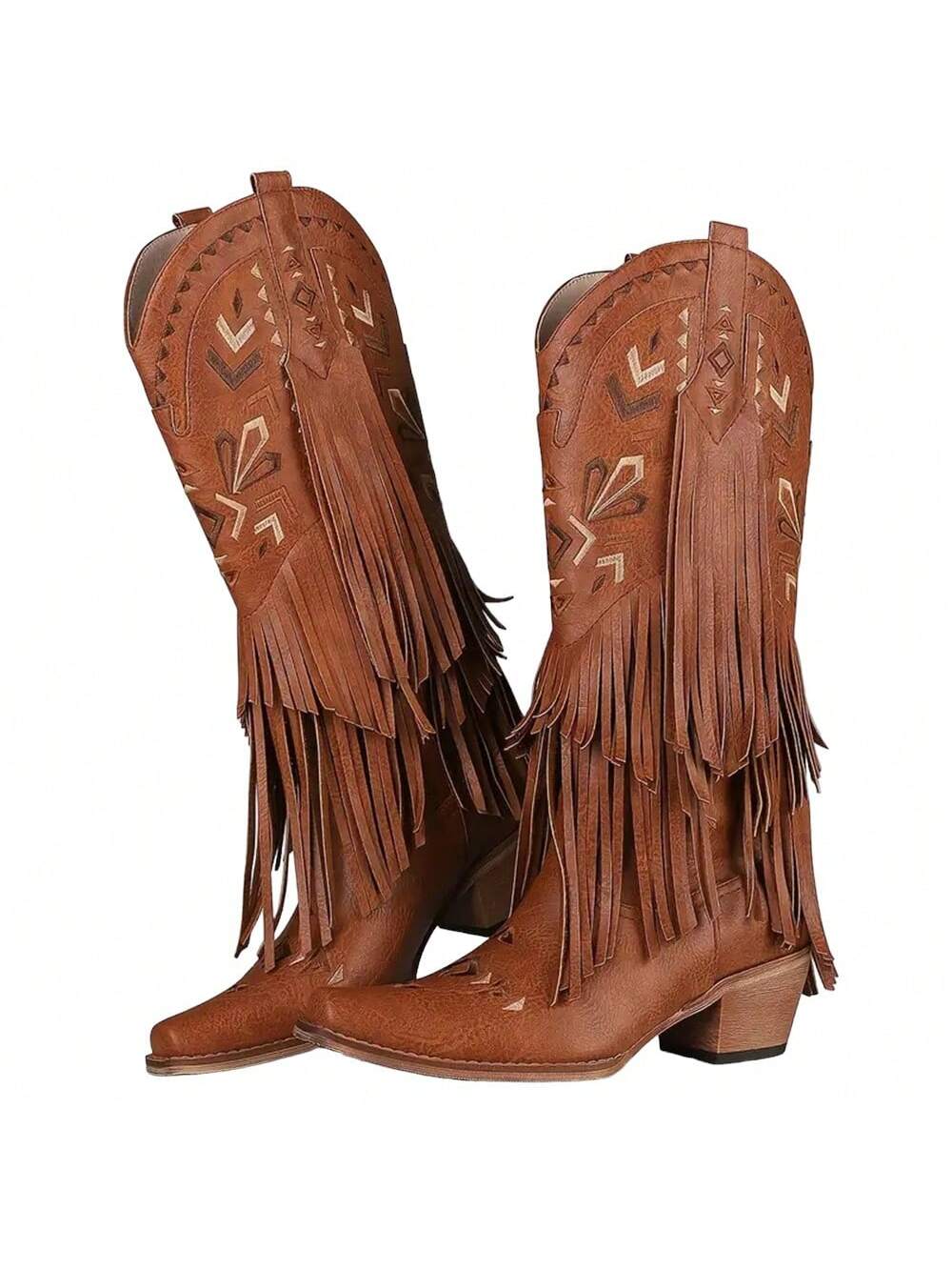 New Cowgirl Mid Calf Boots For Women, Chunky Mid Heels Western Cowboy Pointed Toe Boots Sexy  Shoes