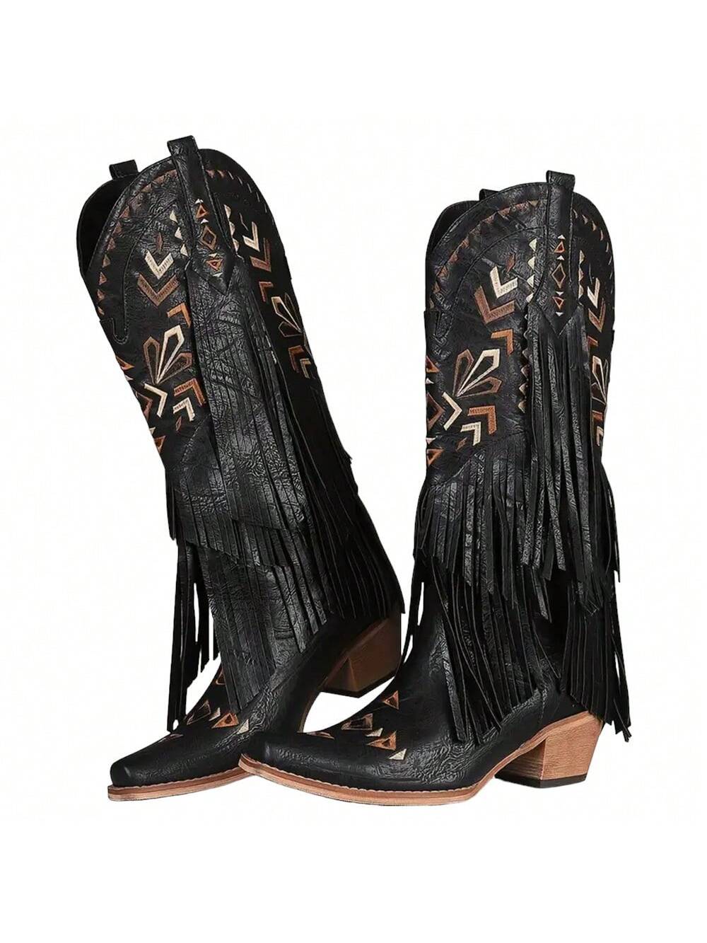 New Cowgirl Mid Calf Boots For Women, Chunky Mid Heels Western Cowboy Pointed Toe Boots Sexy  Shoes