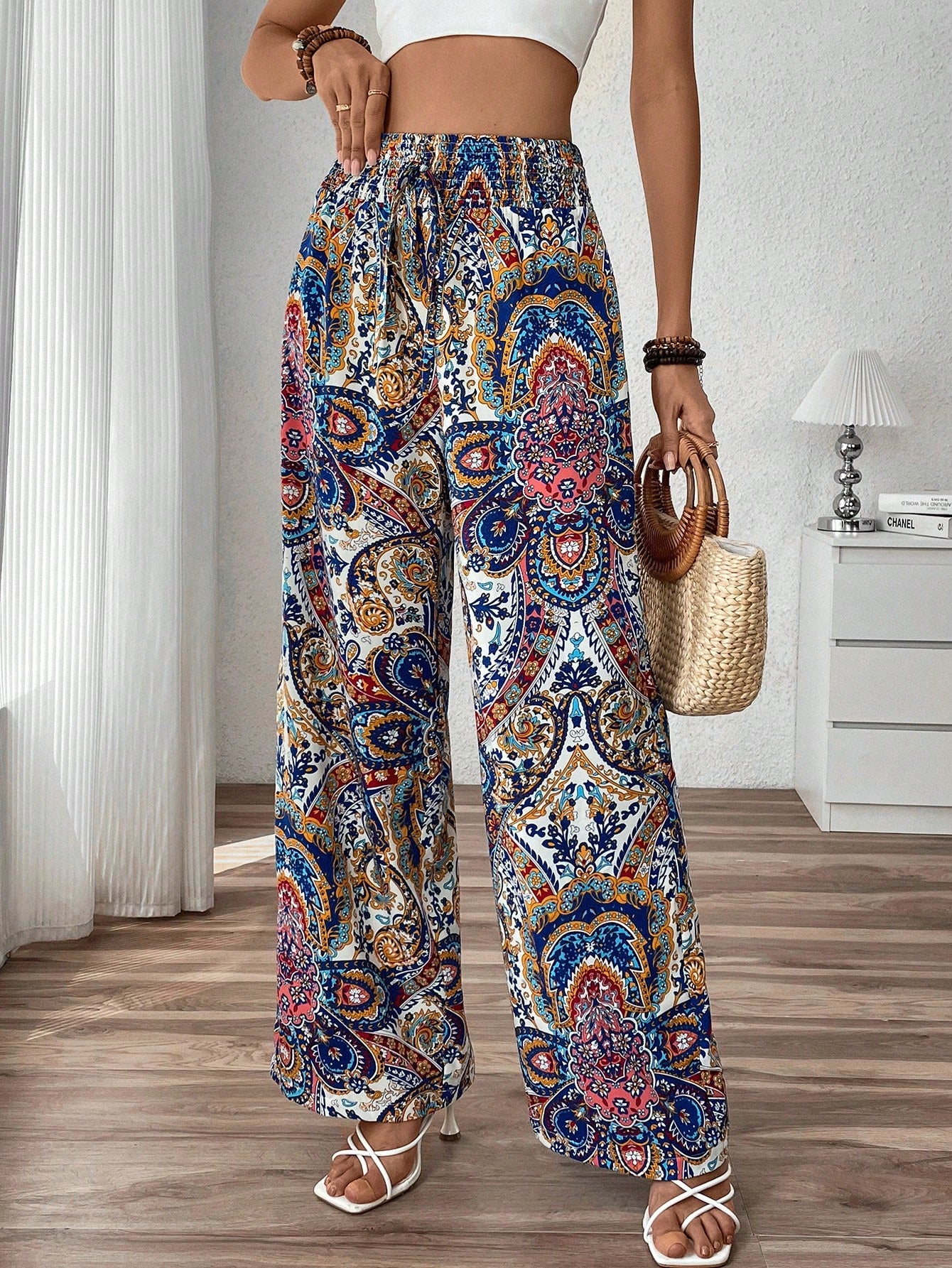 Women's Paisley Print Shirred Waist Tie Long Pants