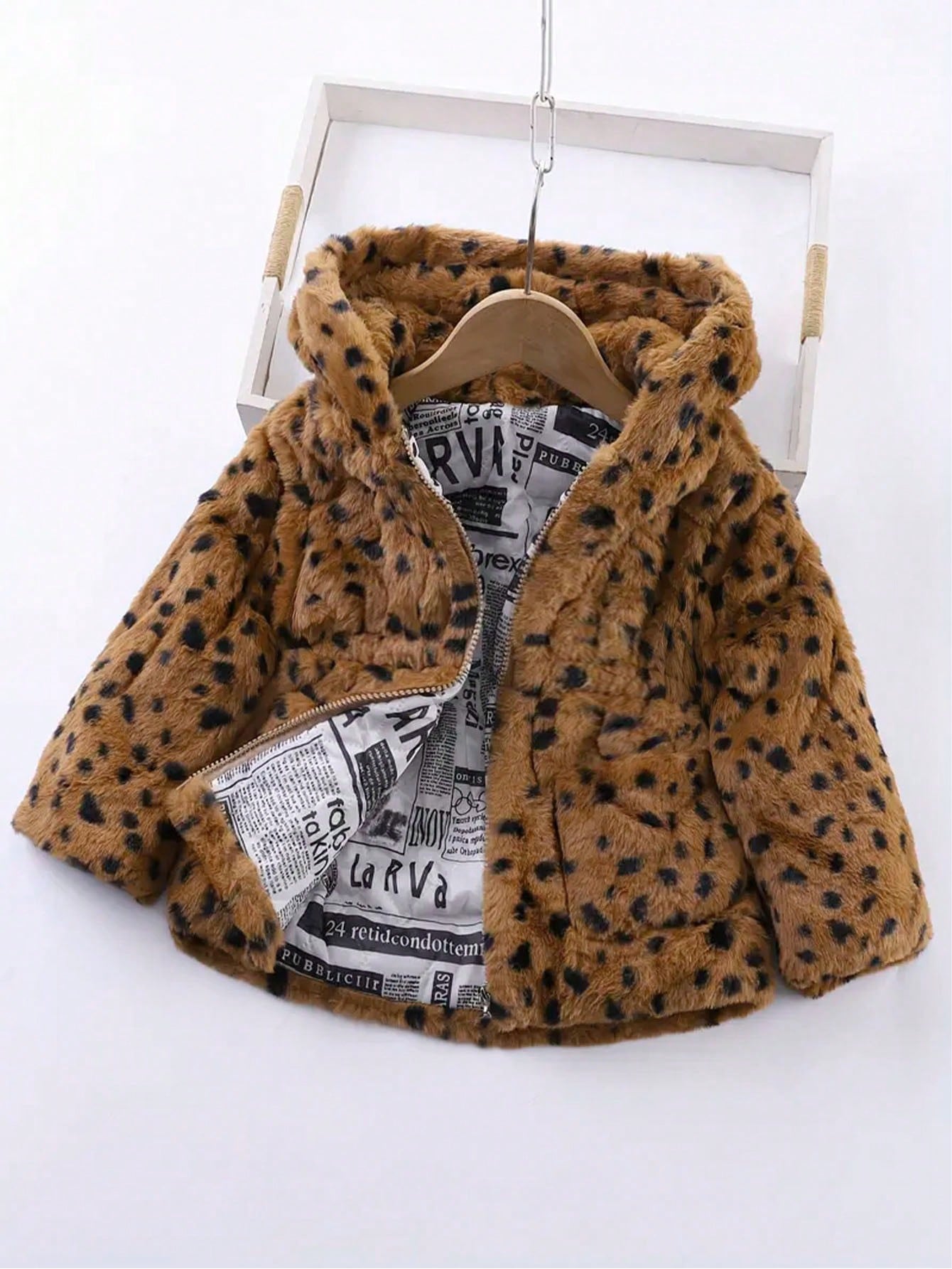 1pc Young Girl' Casual Leopard Print Warm Hooded Fleece Zipper Jacket, Autumn Winter