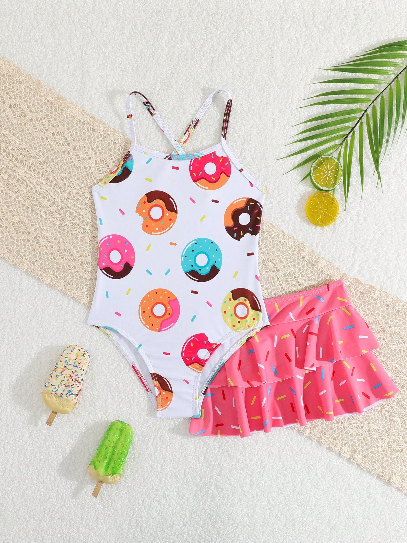 Young Girl One-Piece Swimsuit Set With Skirt, Cute Strawberry Print, Adjustable Shoulder Strap, Beach Summer