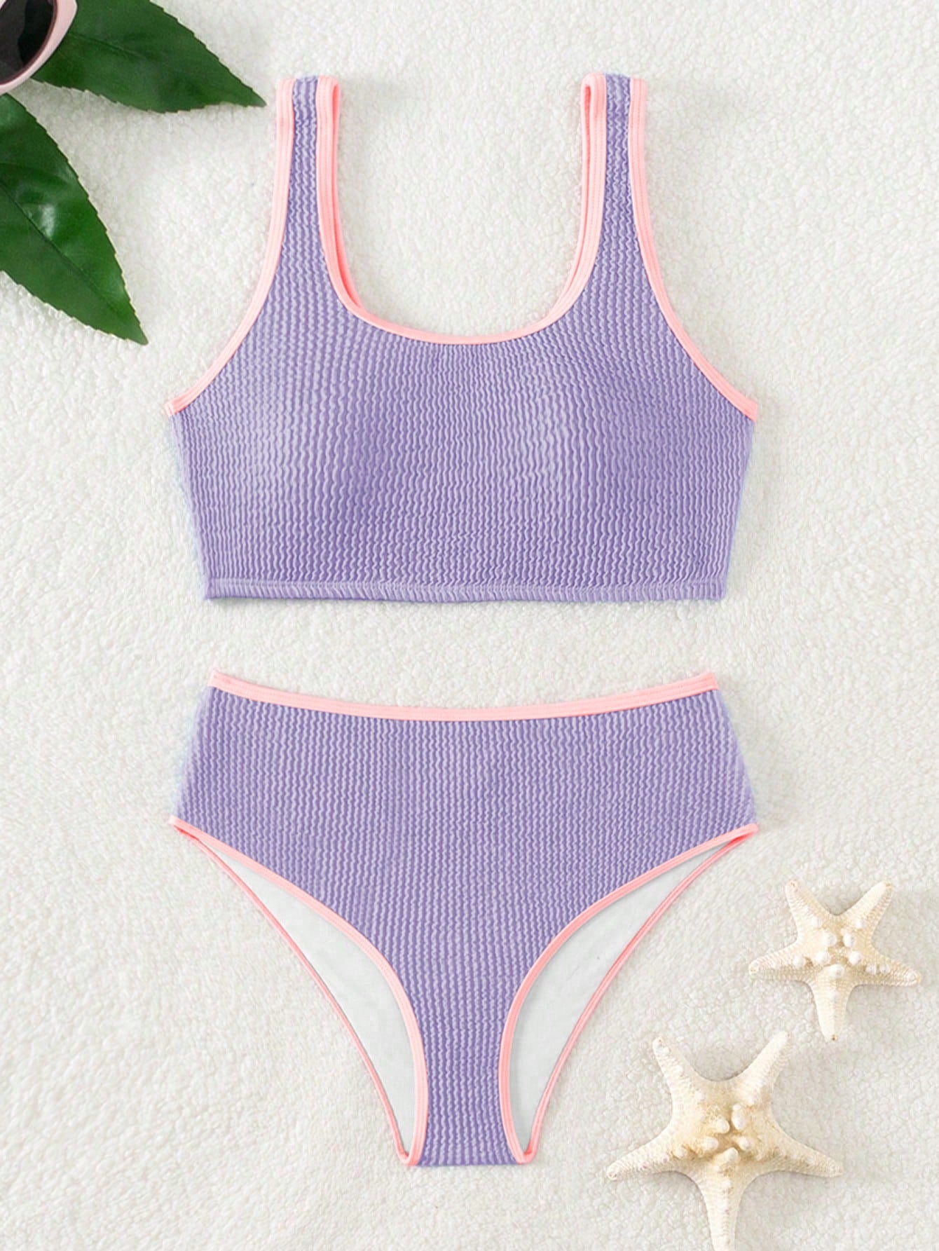 Tween Girl Color Block Bikini Set With Edging And Ripple Textured Pattern