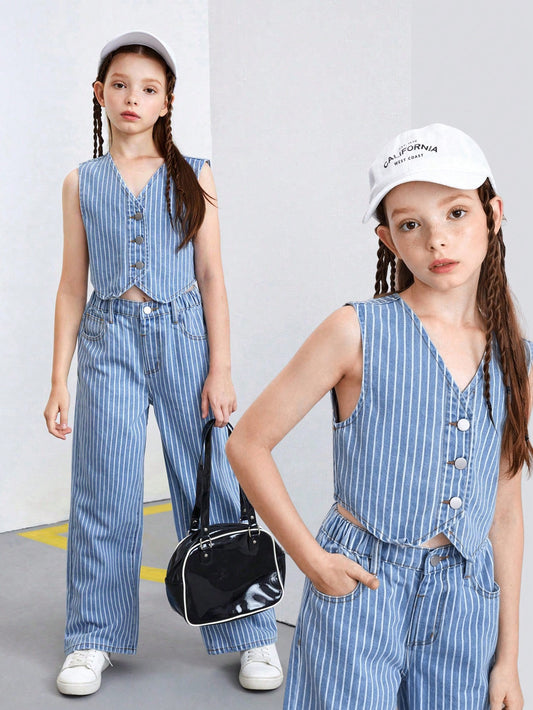 Streecool Kids TWEEN GIRL Retro Casual Sporty Stripe Combo Denim Vest & Elastic Waist Flat Pockets Loose Straight Jeans Sets