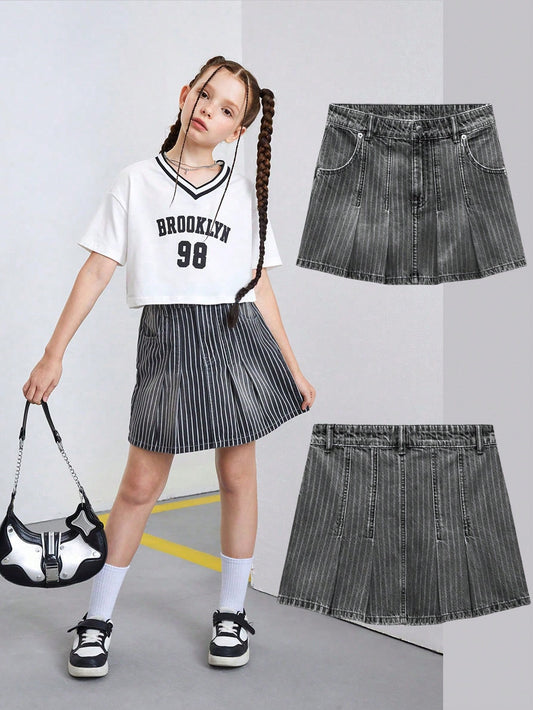 Tween Girls Vintage Street Preppy Button Up Casual Chic Black White Striped Denim Pleated Mini Skirt