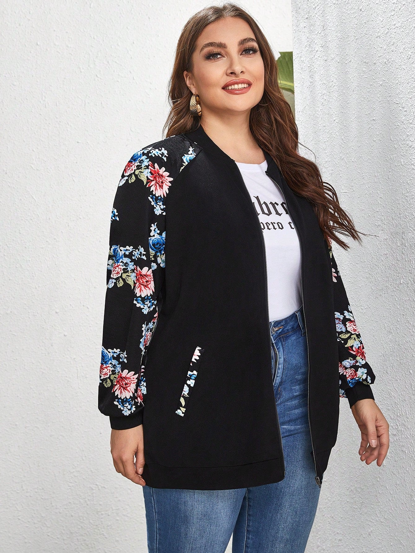 Plus Floral Raglan Sleeve Bomber Jacket