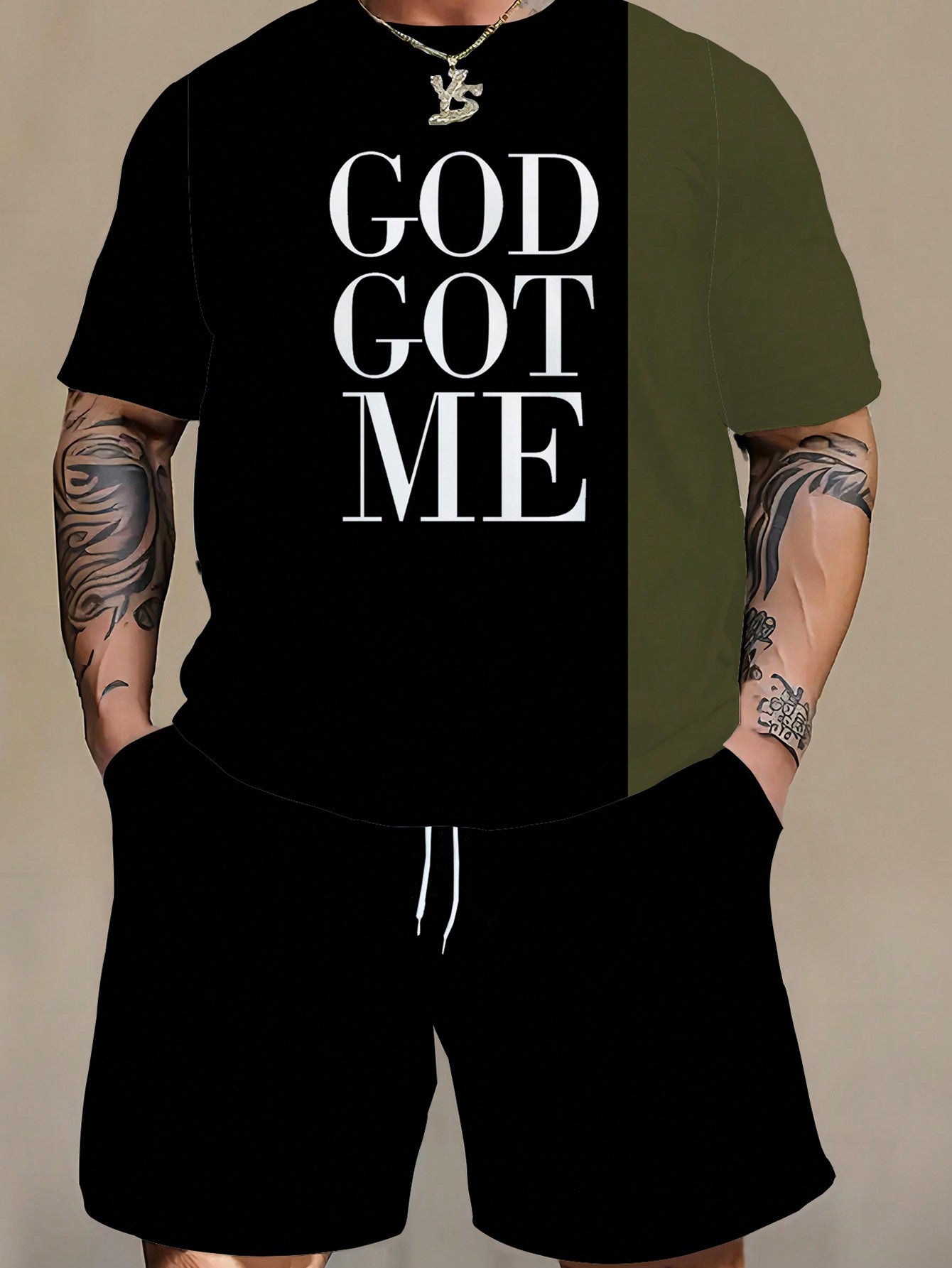 Men's Plus Size GOD GOT ME Print Color Blocking T-Shirt And Drawstring Shorts With Pockets Set