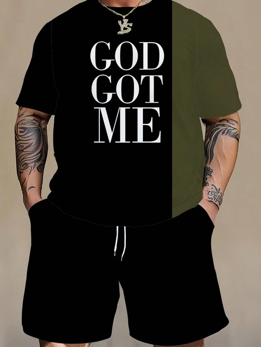 Men's Plus Size GOD GOT ME Print Color Blocking T-Shirt And Drawstring Shorts With Pockets Set