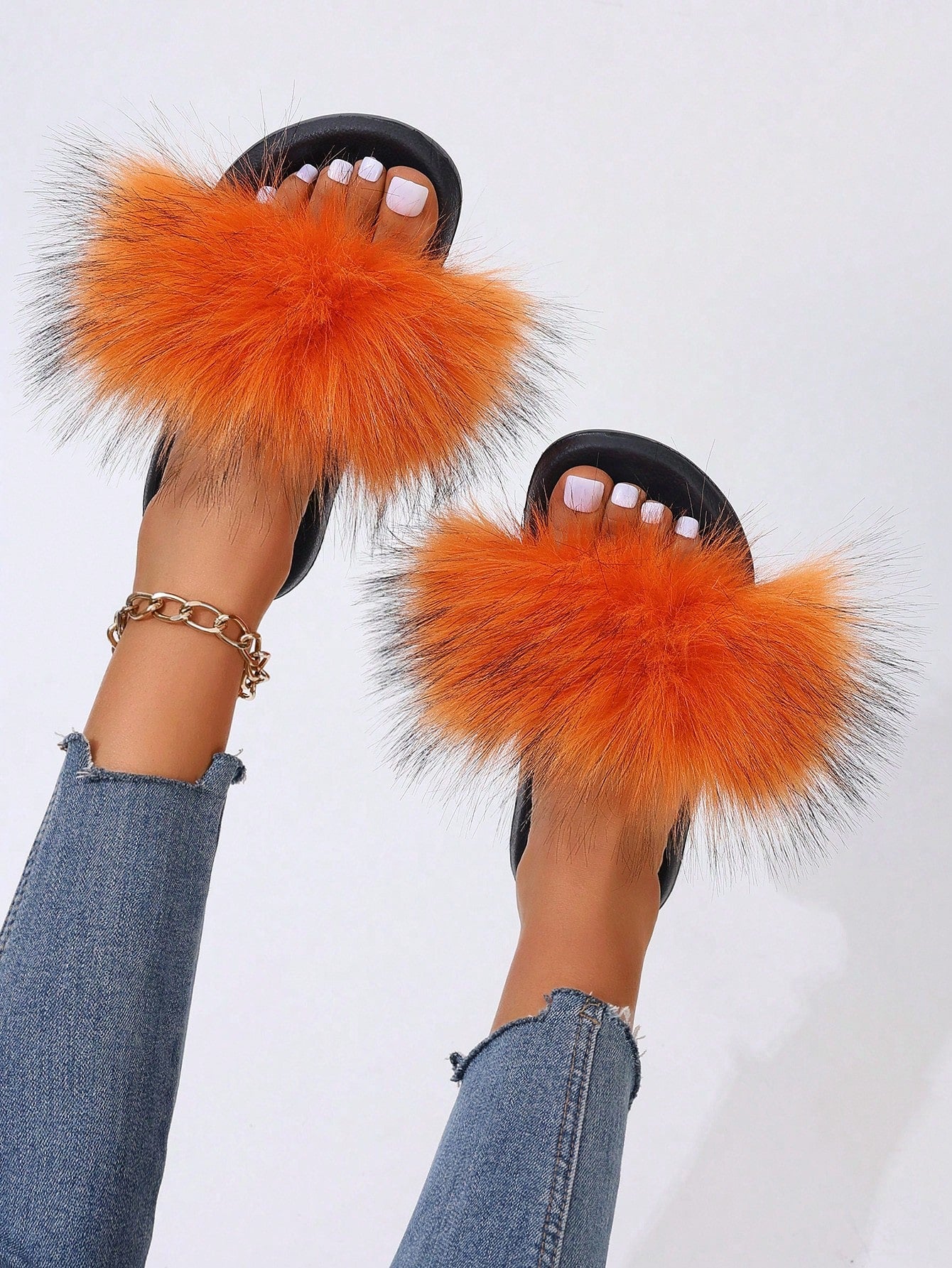 Women Summer Faux Fur Resistant Fluffy Outdoor Flat Sandals Casual Office Home Slippers