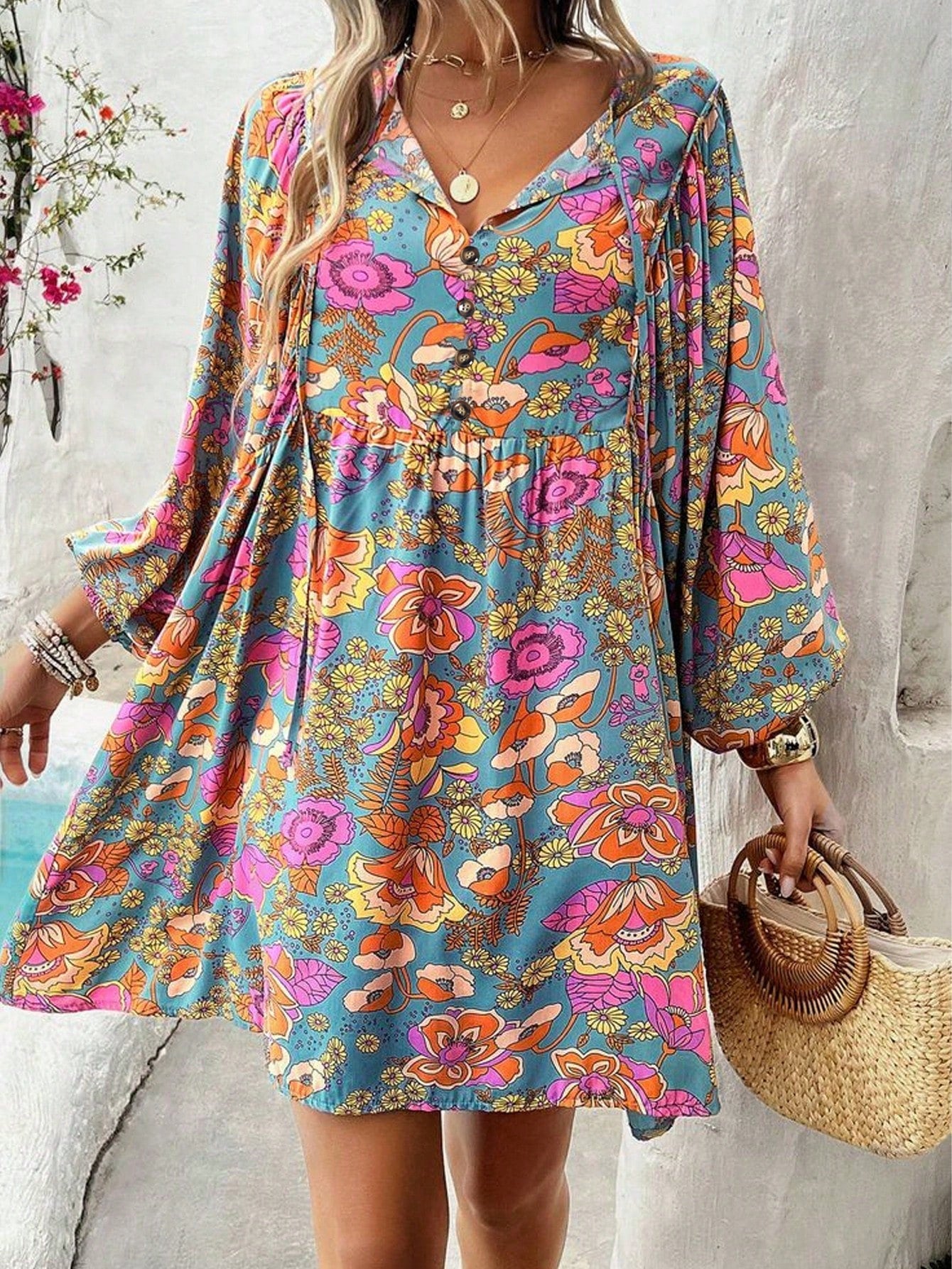 Women's Summer Holiday Casual Lantern Sleeves Floral Print Dress