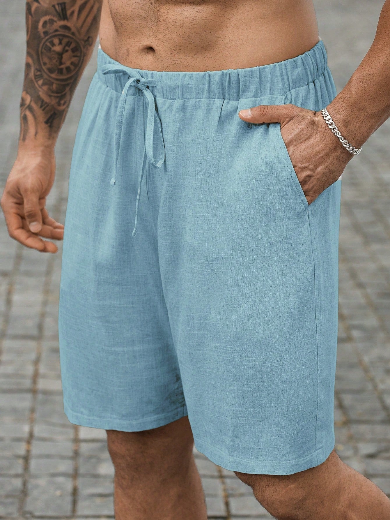 Plus Size Men's Solid Color Simple Casual Drawstring Linen Shorts