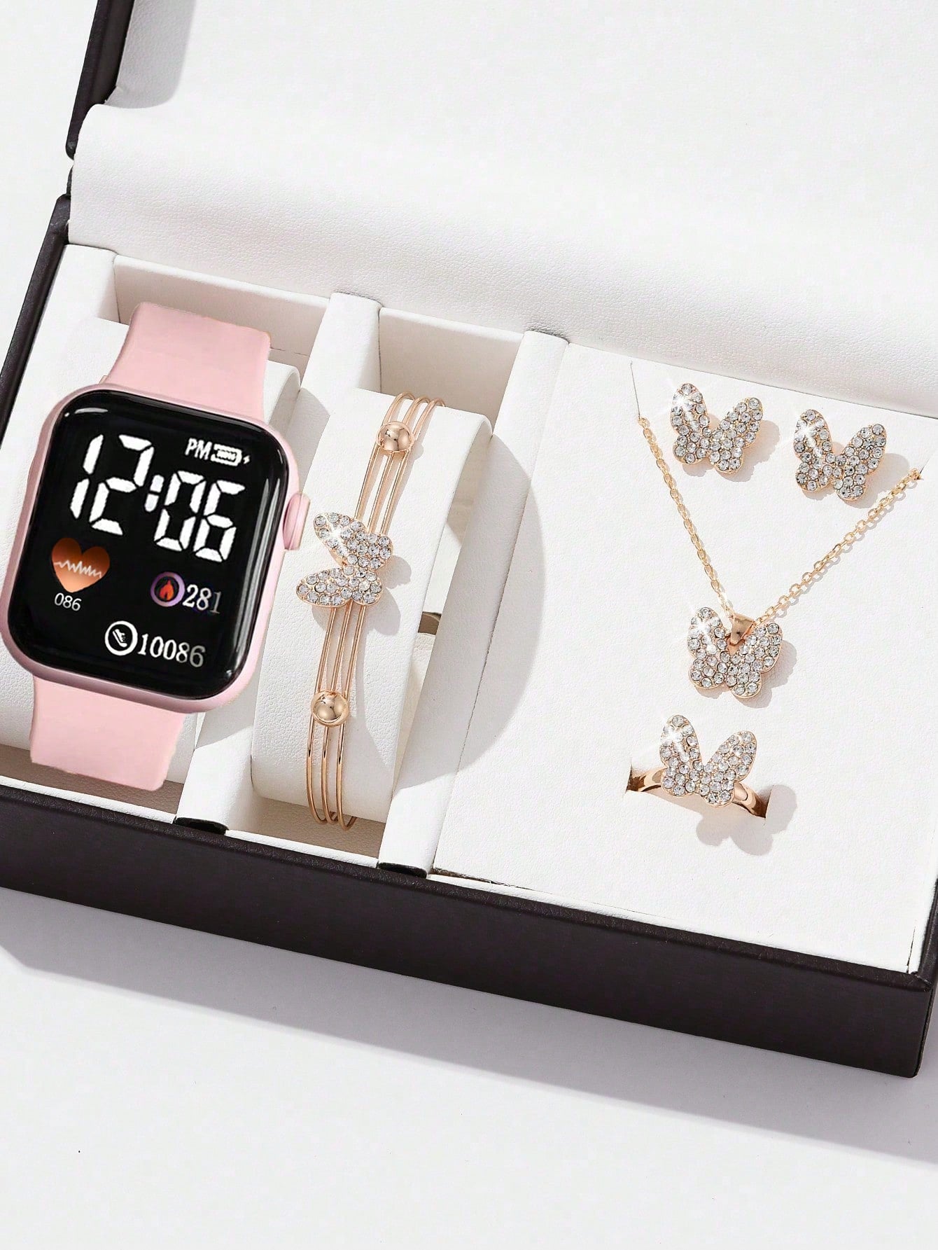 6 Pieces/Set, Girls' Cartoon Heart-Shaped Square Digital Watch And 5 Bracelet Necklace Ring Earrings Butterfly Set Graduation Gift Back To School