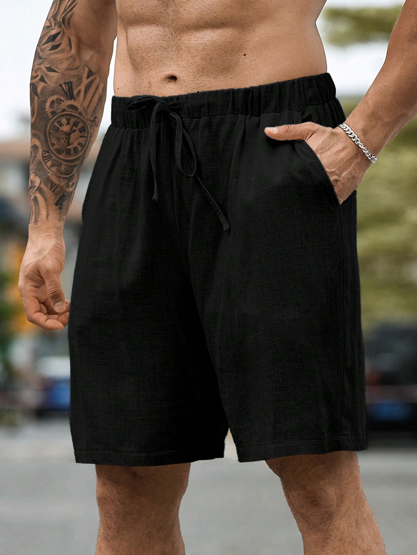 Plus Size Men's Solid Color Casual Linen Drawstring Shorts