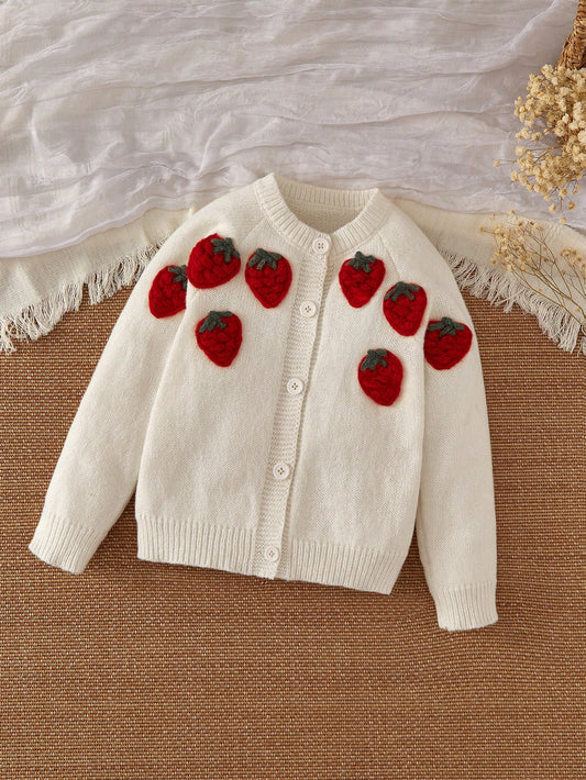 Young Girl Strawberry Pattern Crew Neck Single Breasted Long Sleeve Casual Chic Cardigan Sweater