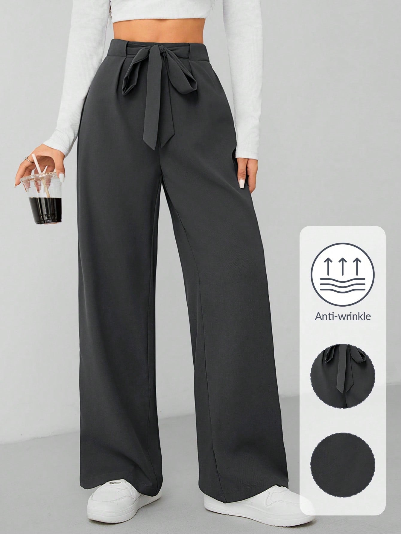 Solid Color High Waisted Belted Wide Leg Pants