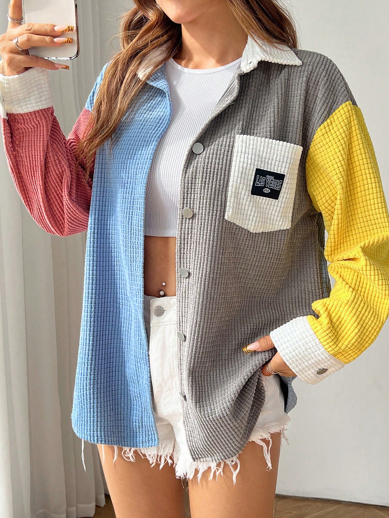 Colorblock Drop Shoulder Letter Patched Corduroy Coat