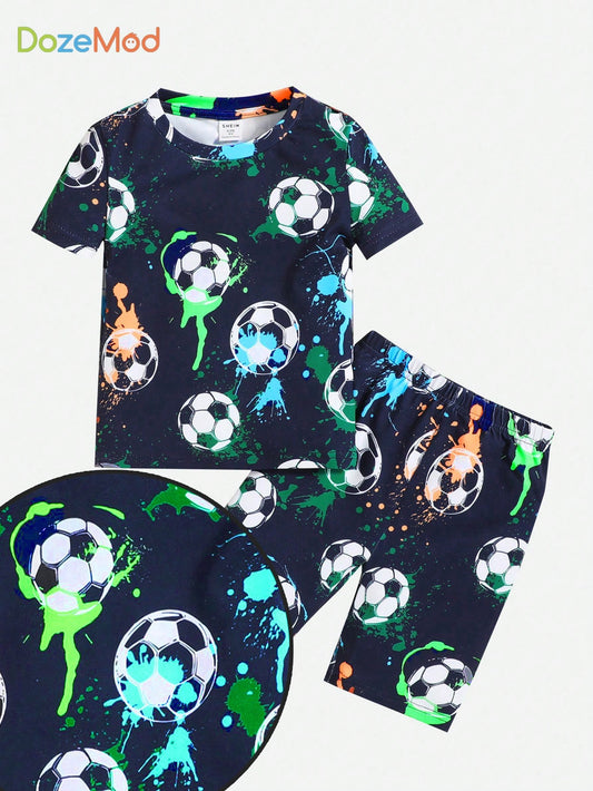 Young Boy Snug Fit Football Pattern Round Neck Short Sleeve Knit Soft Comfortable Printed Fluorescent Homewear Pajama Set