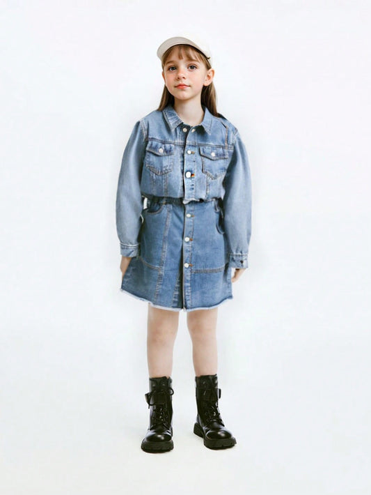 Teenage Girls' Y2K Style Two-Piece Set, Spring/Autumn Long-Sleeved Denim Jacket With Collar + Denim Skirt Outfits