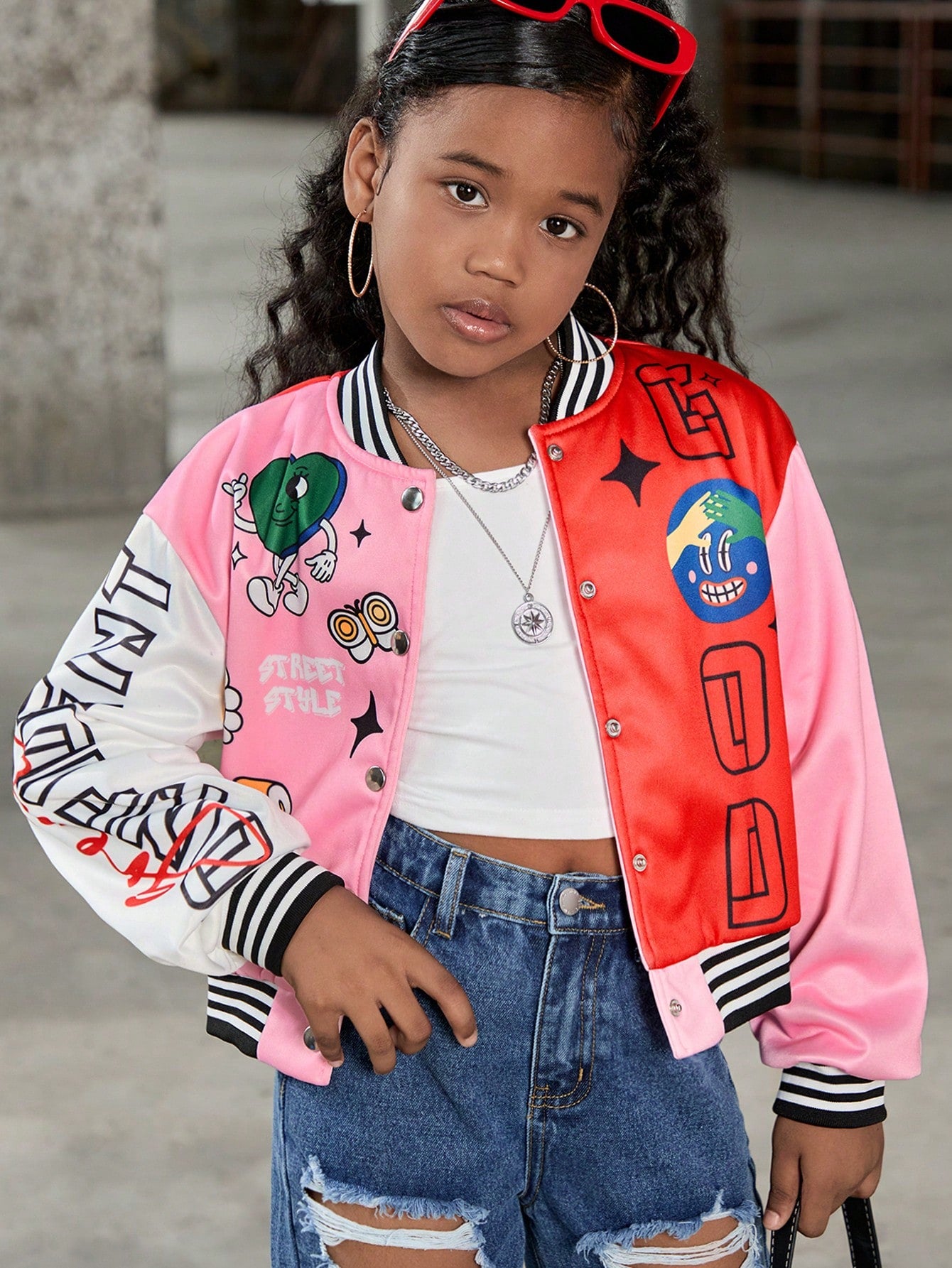 Streecool Kids Tween Girls Letter & Cartoon Graphic Colorblock Varsity Jacket Without Hoodie