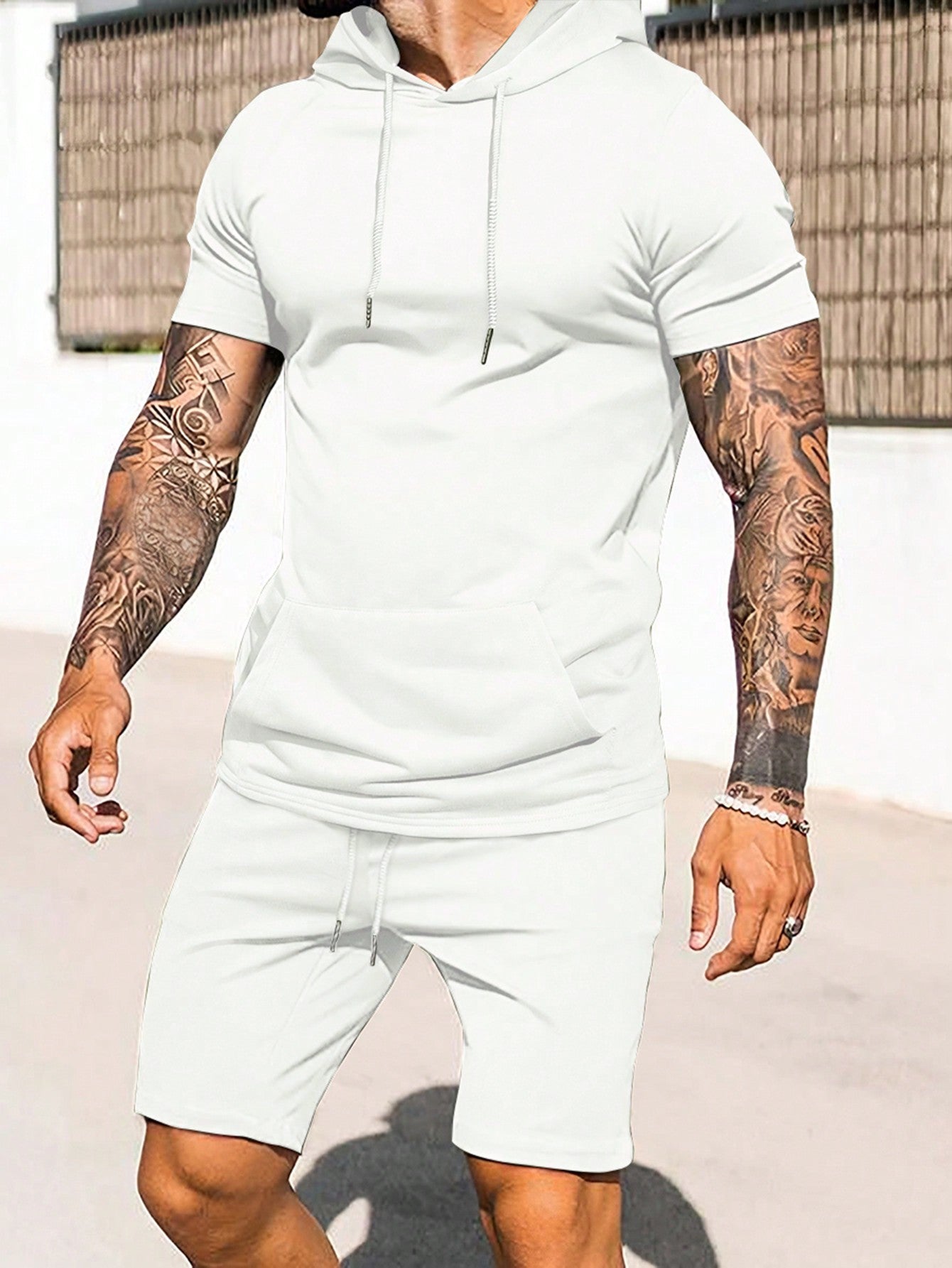 Men Summer Daily Wear Plain Hoodie And Shorts Set