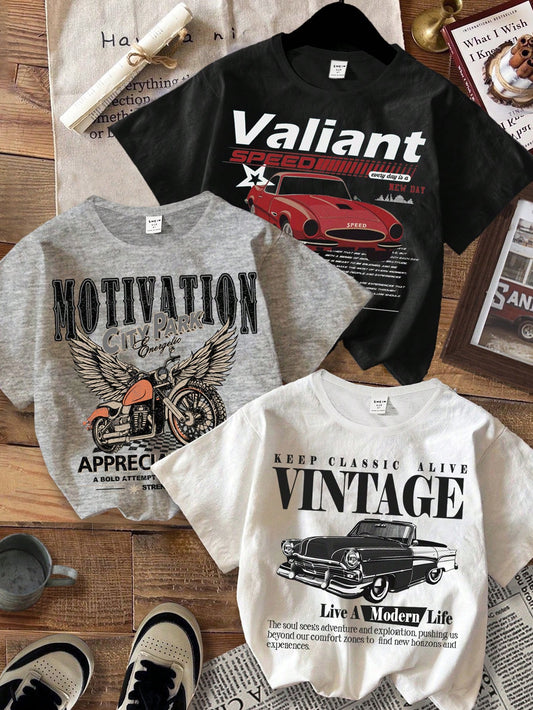 Set Of 3 Vintage Car And Motorcycle Print Round Neck Short Sleeve T-Shirt, Casual And Retro For Tween Boys, Summer