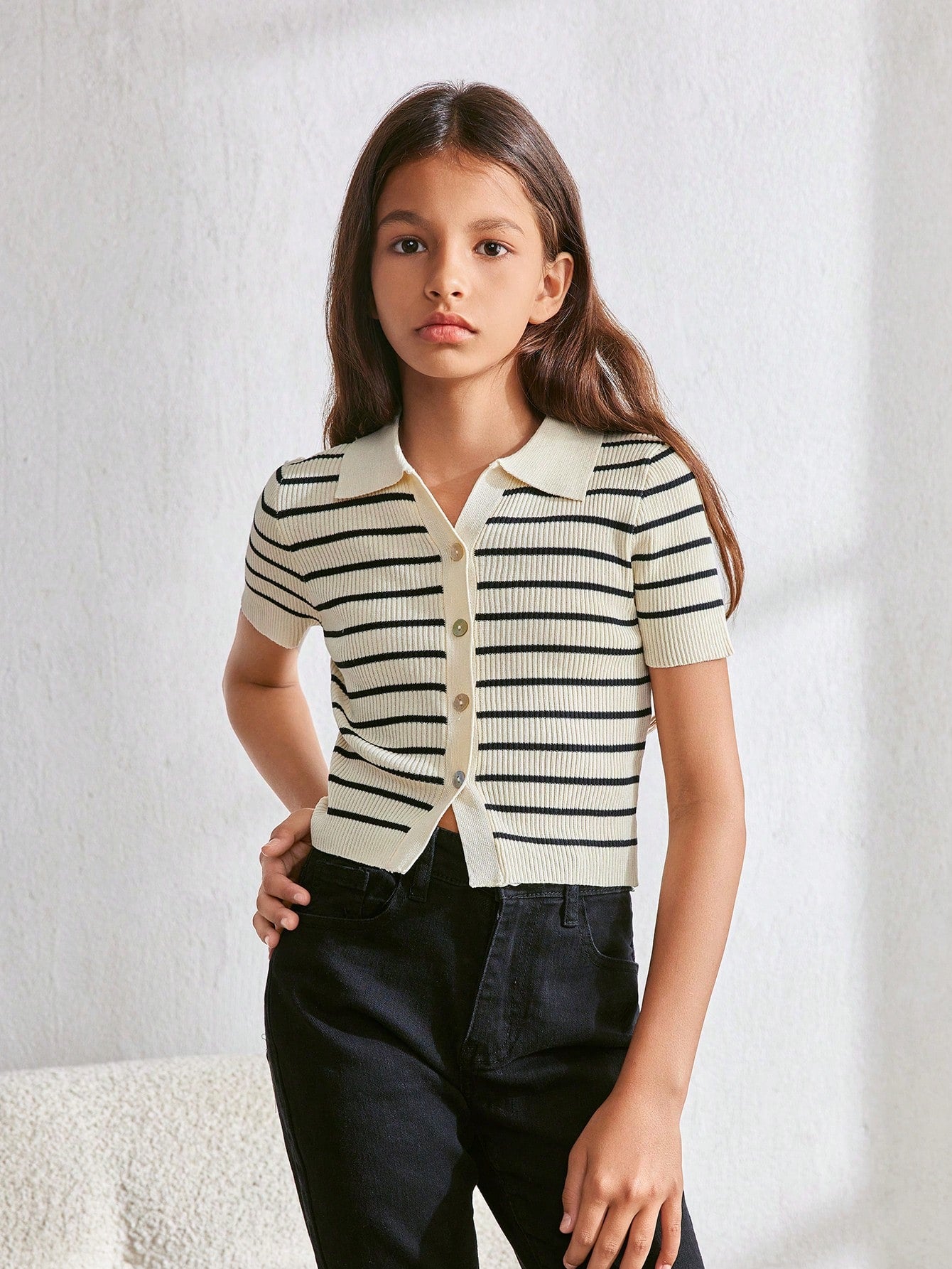 Tween Girls' Slim Fit Casual Striped Lapel Button-Up Short Sleeve Knit Top