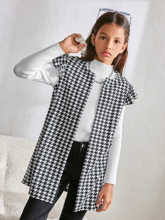 Tween Girls' Casual Houndstooth Print Puff Sleeve Round Neck Mid-Length Jacket