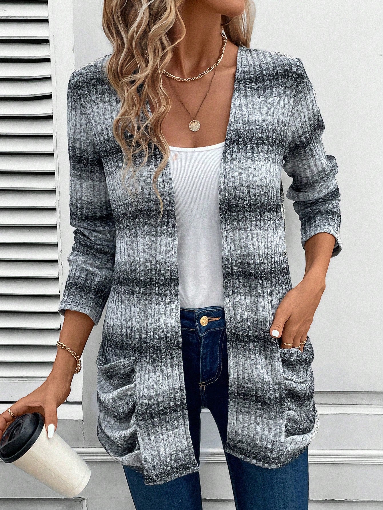 Dual Pocket Open Front Ribbed Knit Coat