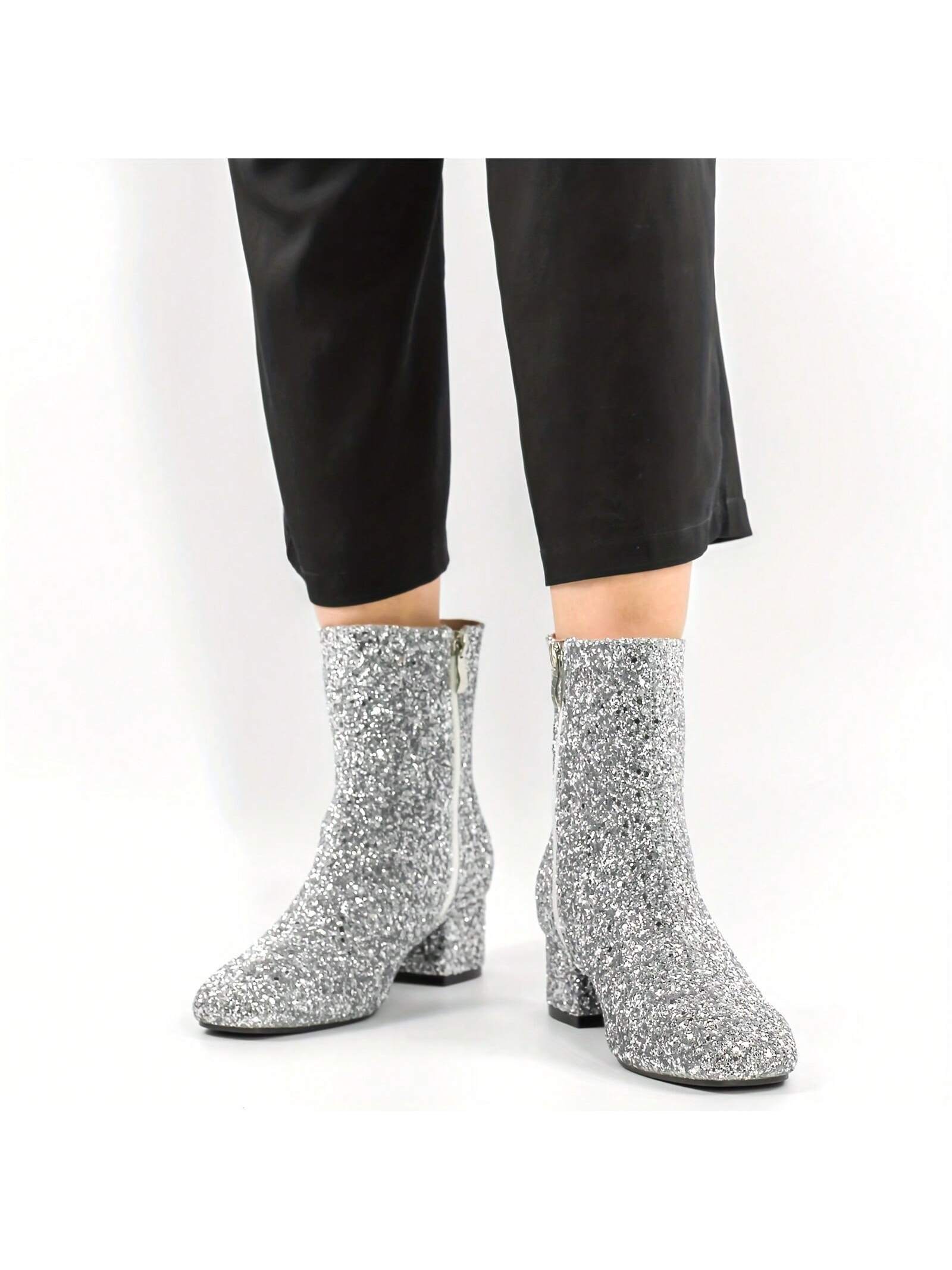 Sparkly Glitter Boots Chunky Heels Ankle Booties