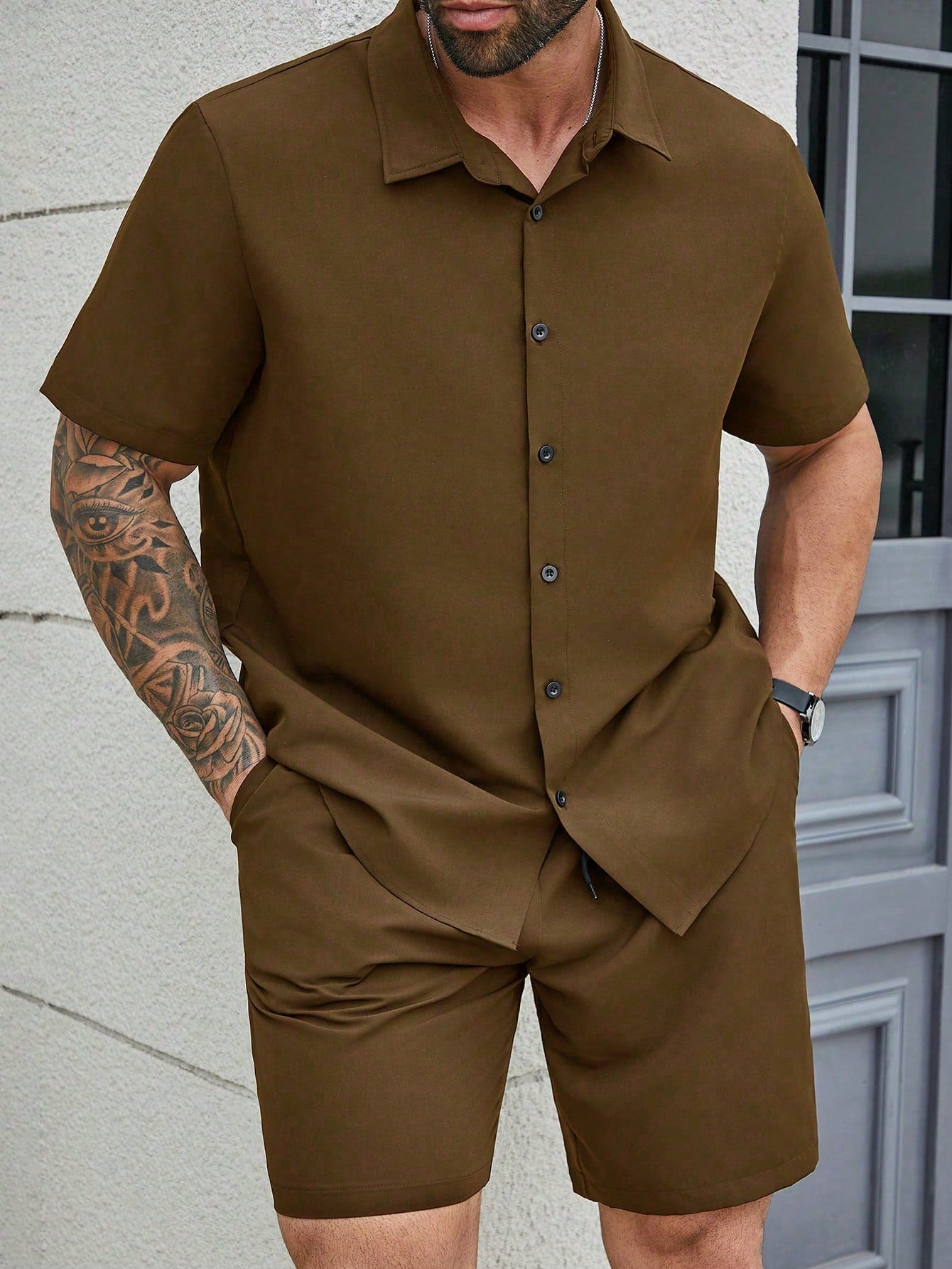 Plus Size Men Solid Color Turn-Down Collar Front Button Short Sleeve Shirt + Pocketed Shorts Business Suit