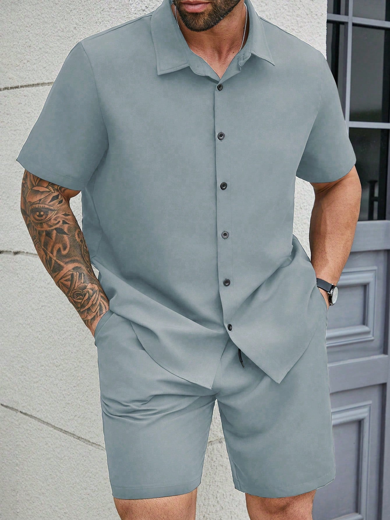 Plus Size Men Solid Color Turn-Down Collar Front Button Short Sleeve Shirt + Pocketed Shorts Business Suit