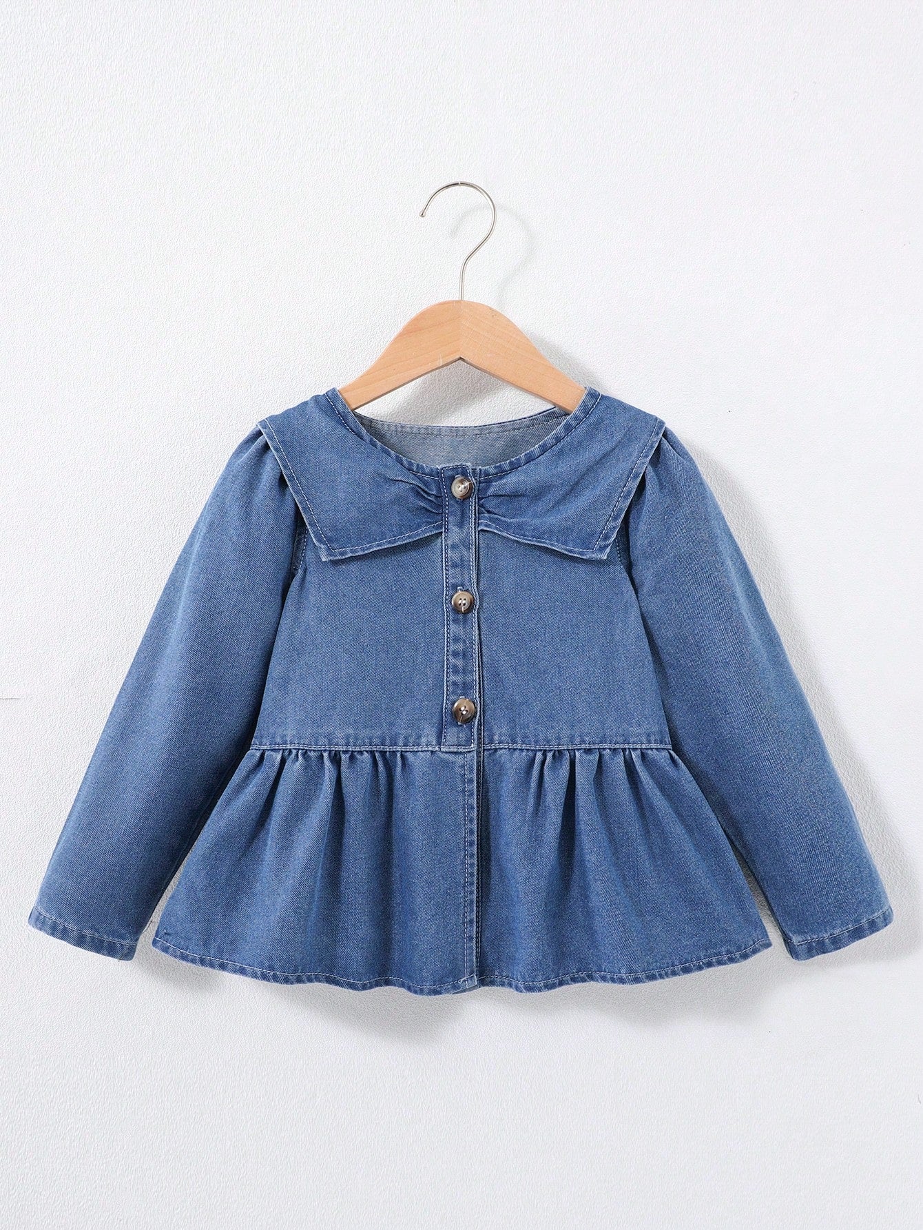 Girls' Butterfly Collar Long Sleeve Blue Denim Jacket