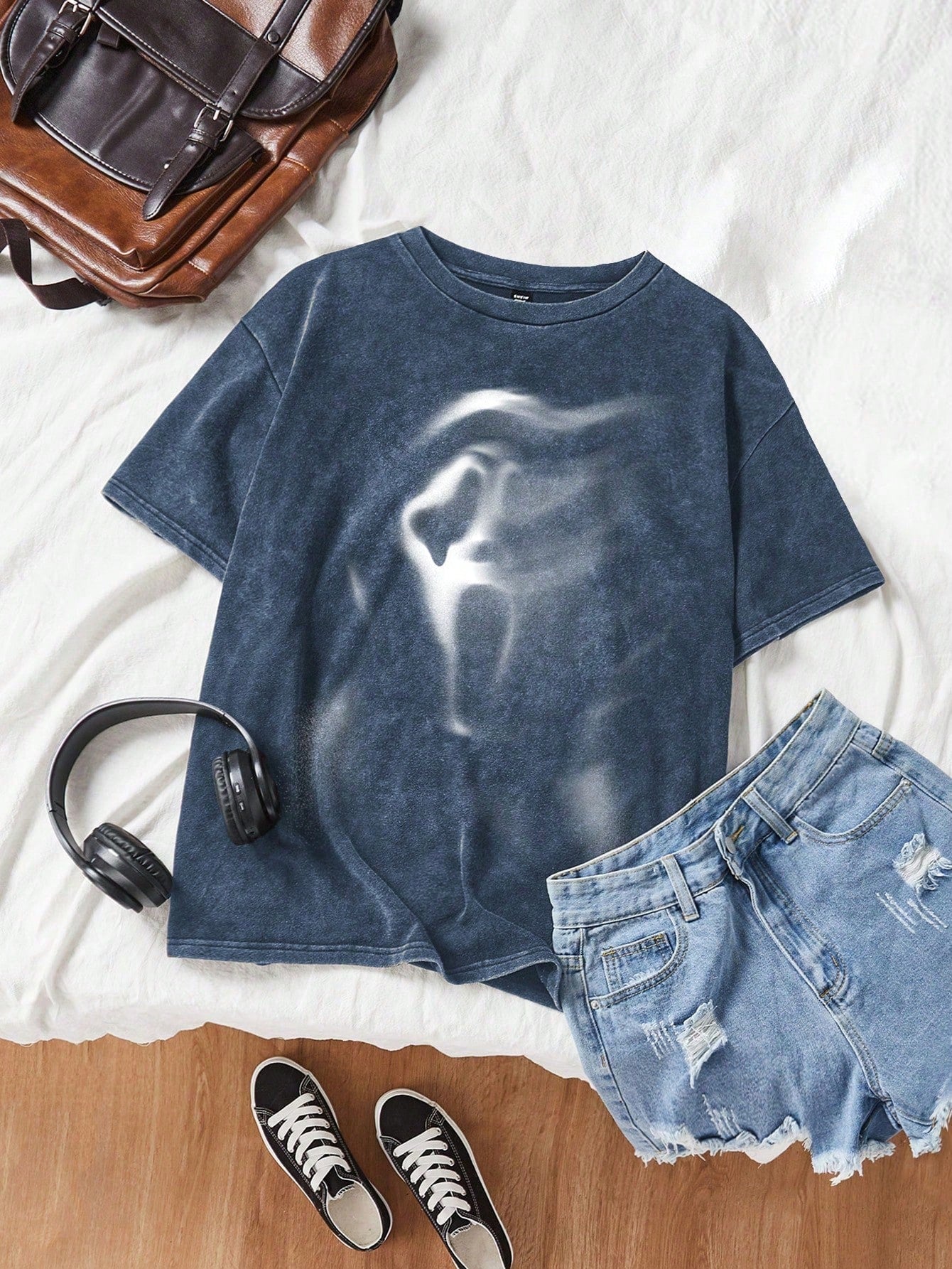 Plus Size Halloween Acid Washed Look Vintage Knitted Distressed Loose Fit Knit Screaming Skull Pattern Cartoon Pattern Short Sleeve T-Shirt