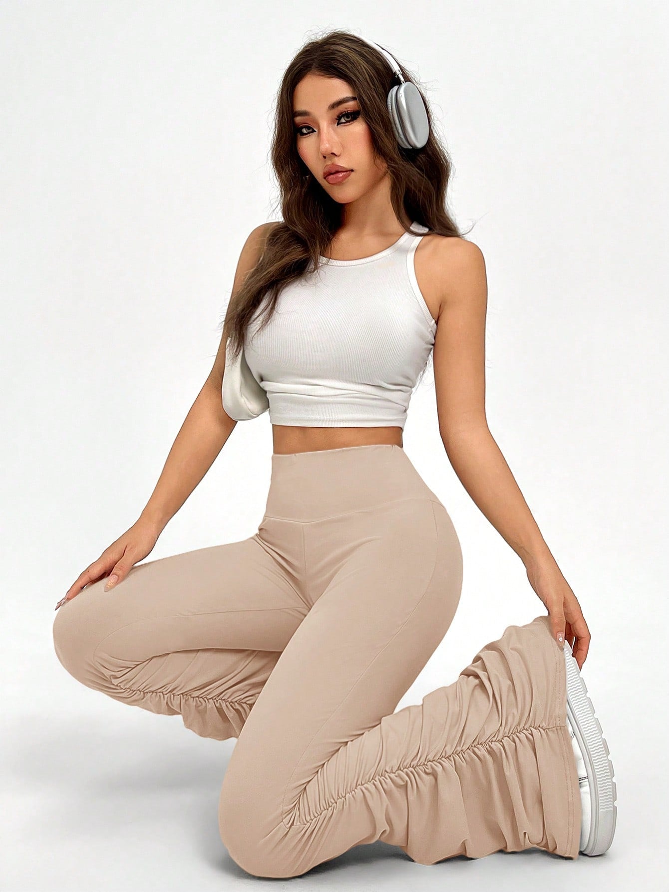 Spring And Summer White See-Through High Waisted Flared Pants With Ruched Detail