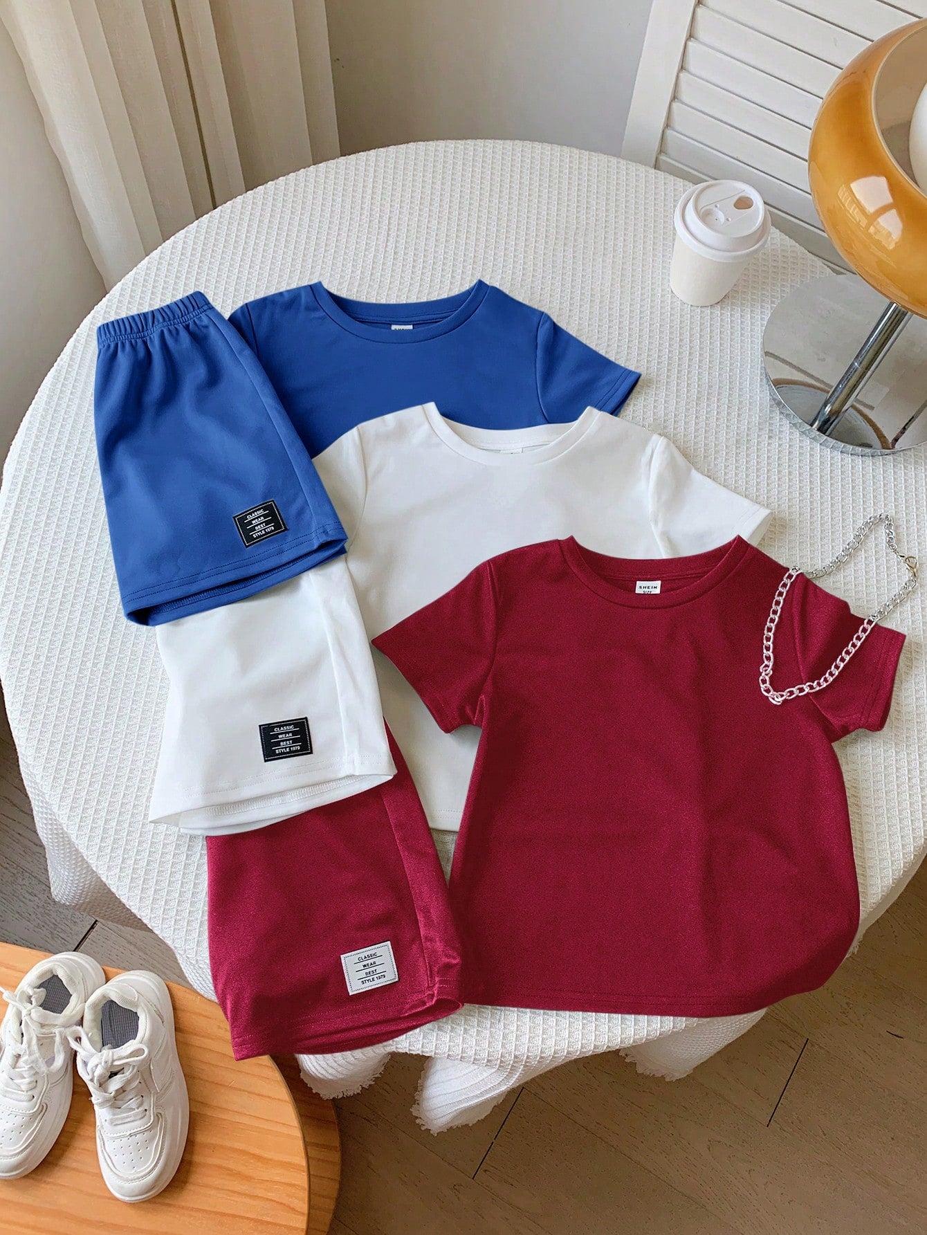 3pcs/Set Kids' Summer Clothes - Young Boy Comfortable Casual Style Metal Necklace Decoration Round Neck Short Sleeve T-Shirt With Woven Label Decoration Shorts, Suitable For Outdoor Play, Street Snap, Party And Home Leisure With High Cost Performance