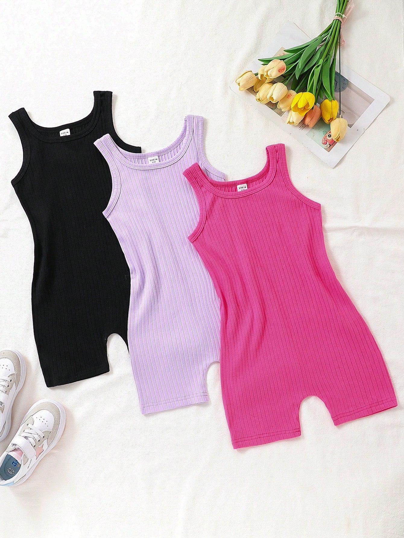 Young Girl Summer Casual Solid Color Ribbed Knitted Sleeveless Jumpsuit