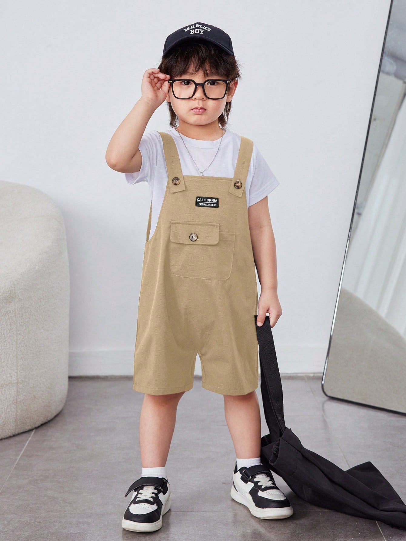 Boys' Casual Woven Tag Loose Shorts & Bib Pants Summer Outfit