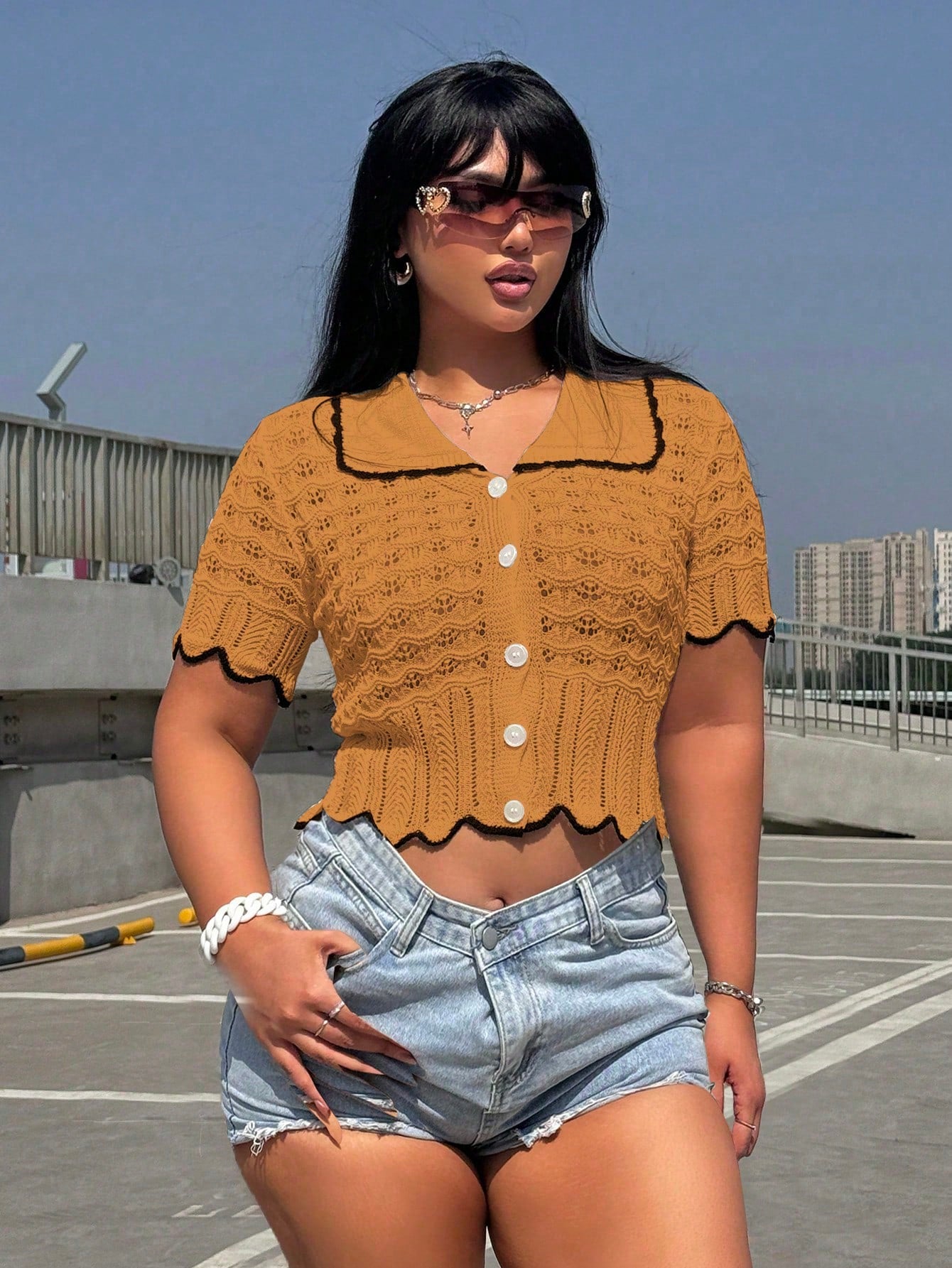 Fashionable High-End Design Hollow-Out Knit Top With Polo Collar