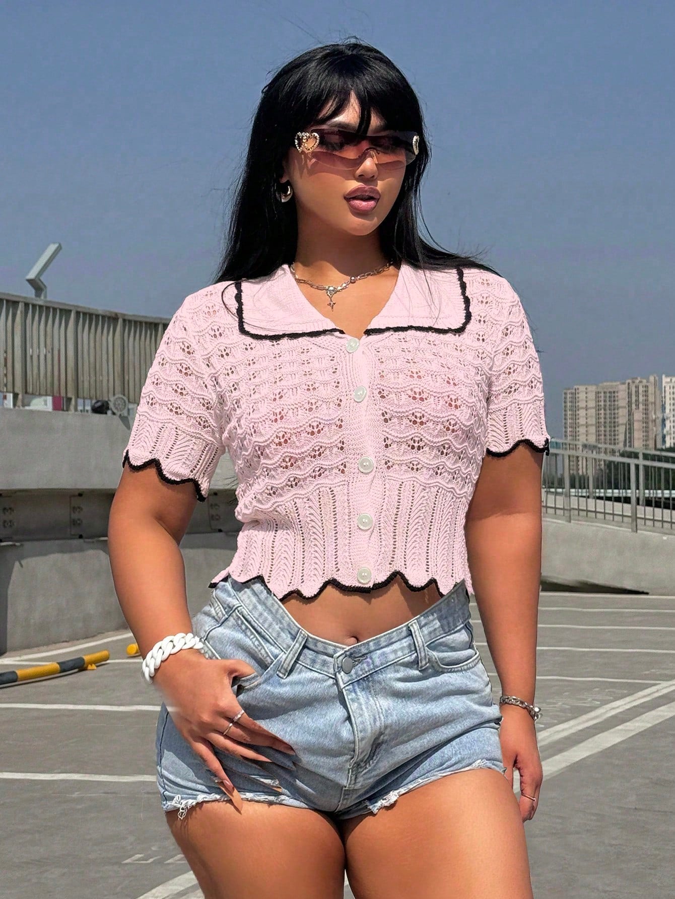 Fashionable High-End Design Hollow-Out Knit Top With Polo Collar