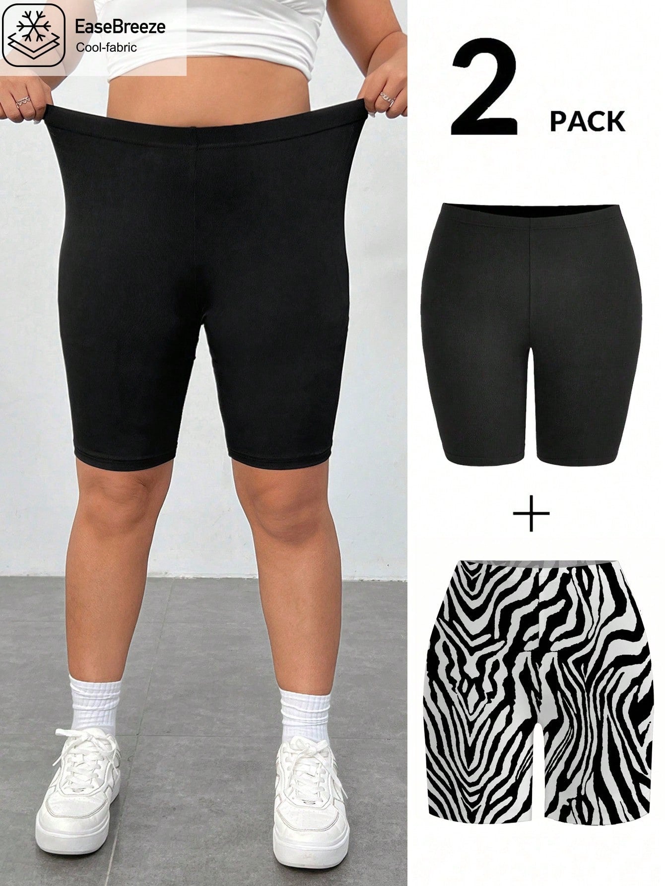 Women's Plus Size 2pcs Set: Black Knitted High-Waisted Compression Shorts And Cycling Shorts, Made With Ice Silk Cool Fabric, Perfect For Everyday Wear, Outdoor Sports, And Casual Activities Without Restriction.