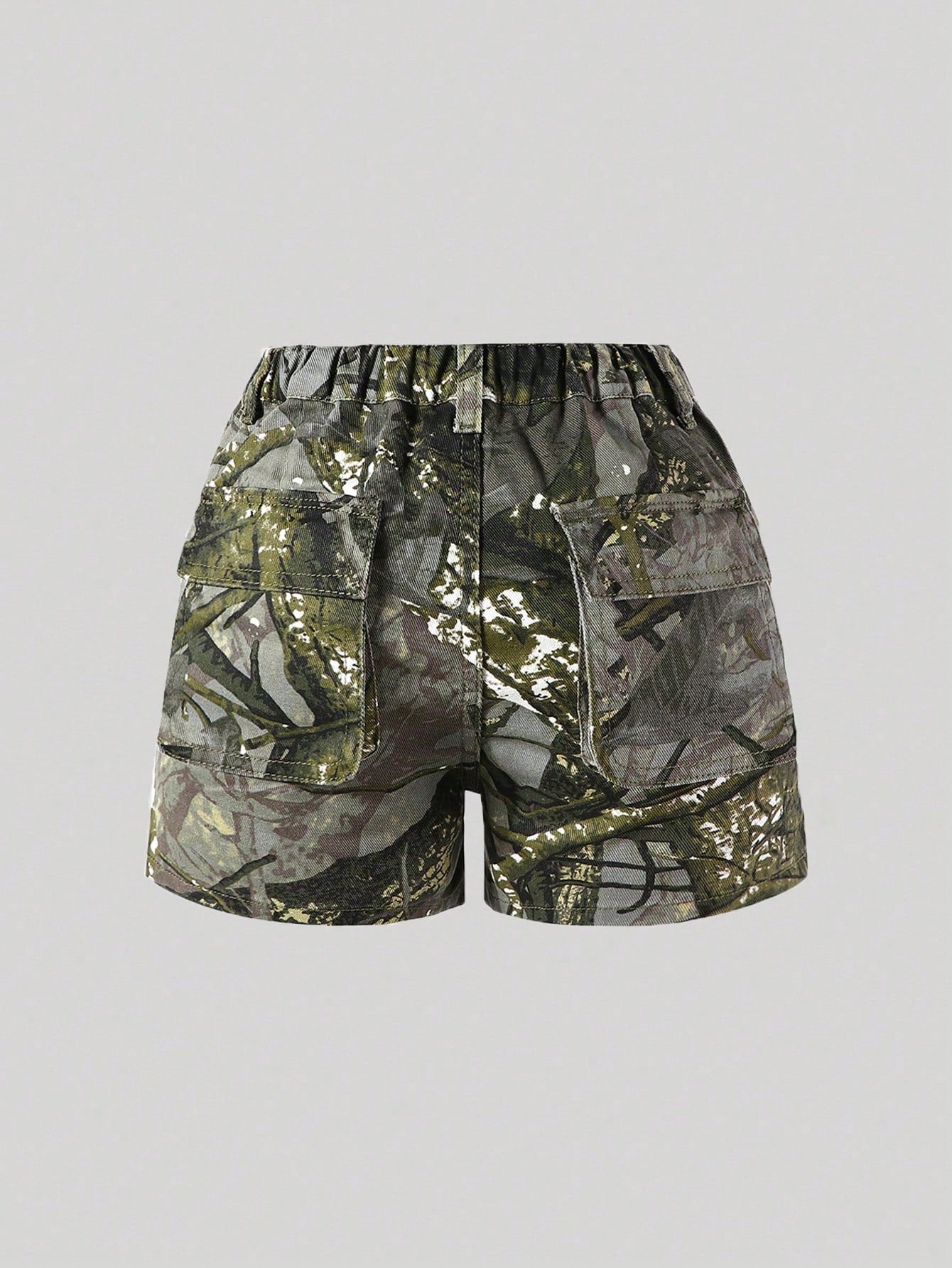 Streecool Kids Tween Girl Y2k Style Camo Print Elastic Waist Workwear Denim Shorts With Big Pockets